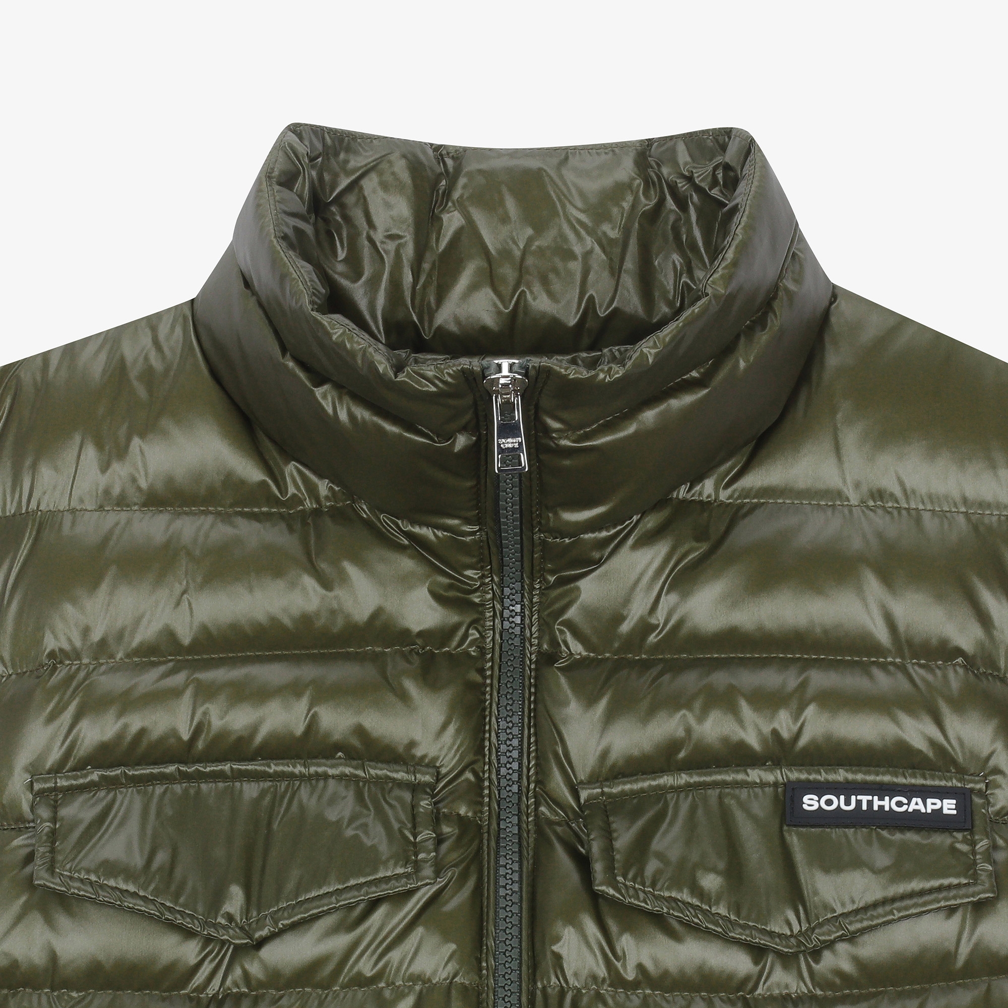 여성 글로시 하이넥 벨트 다운 베스트_카키