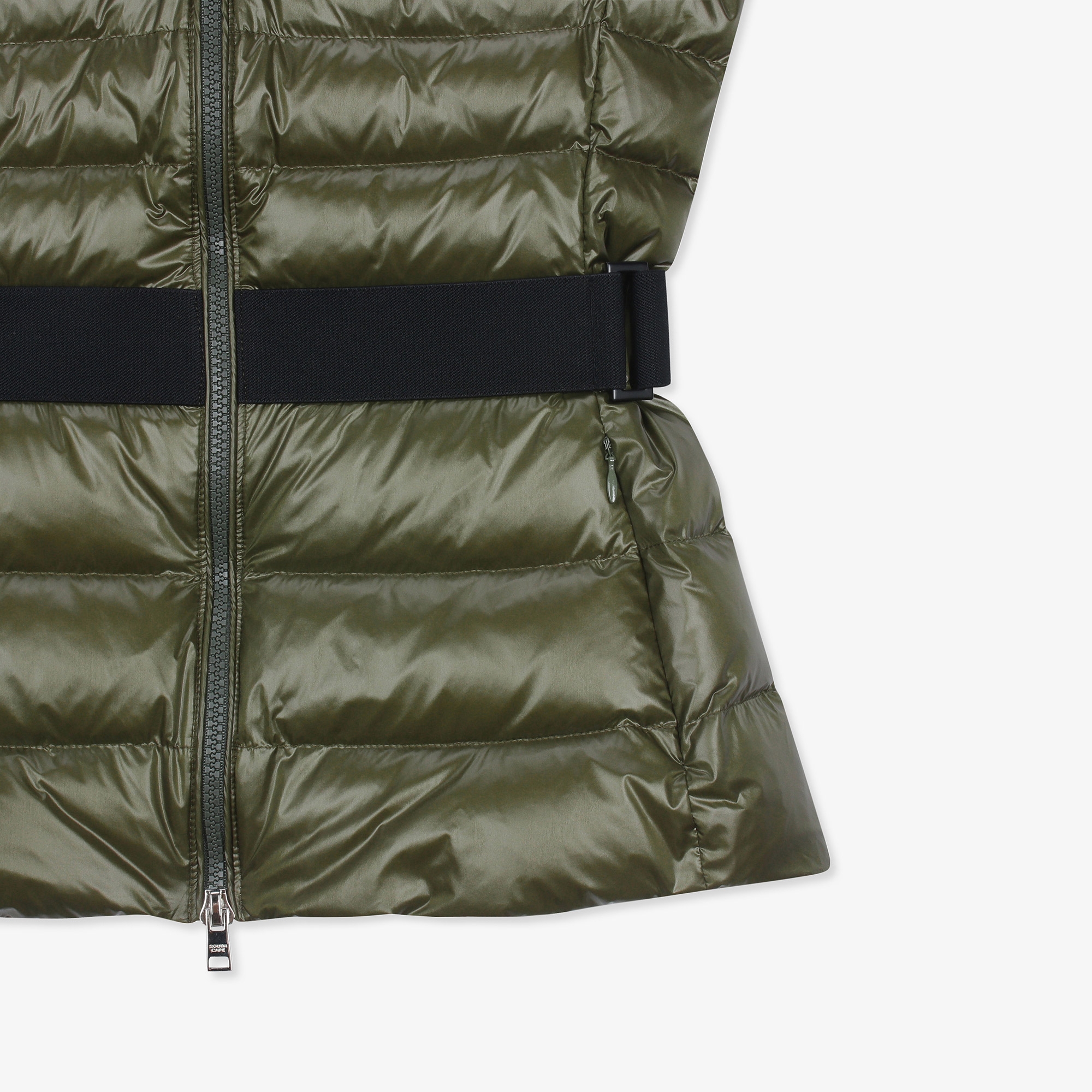 여성 글로시 하이넥 벨트 다운 베스트_카키