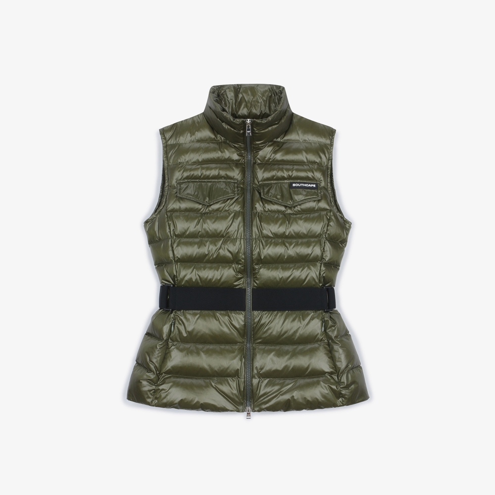 여성 글로시 하이넥 벨트 다운 베스트_카키