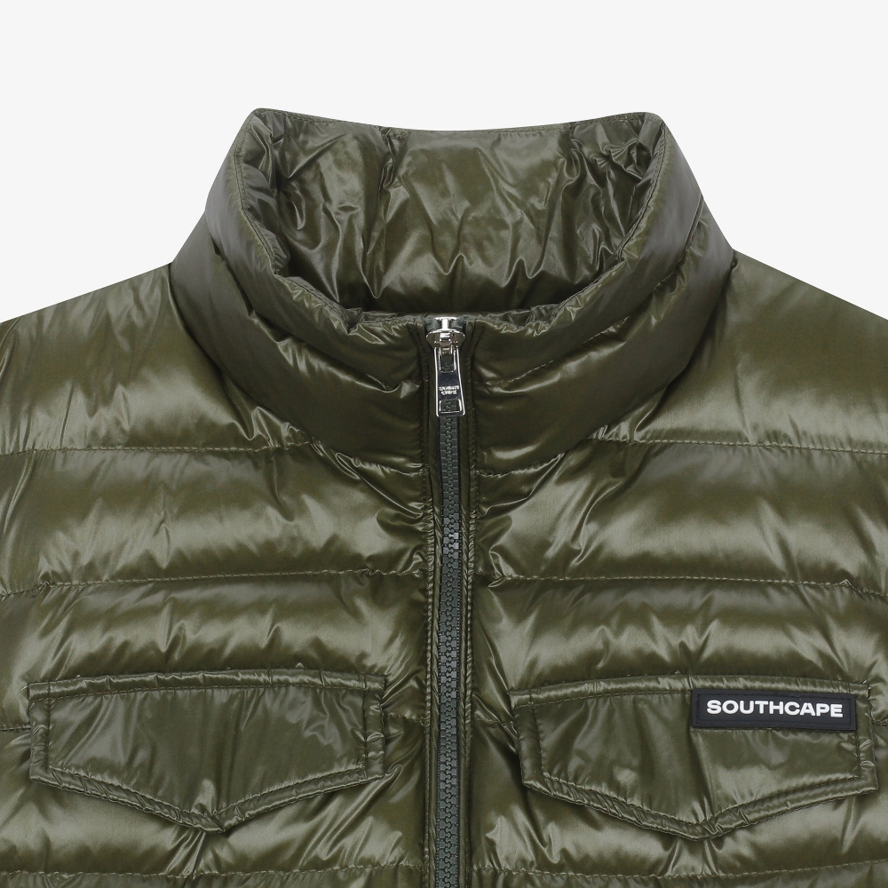 여성 글로시 하이넥 벨트 다운 베스트_카키