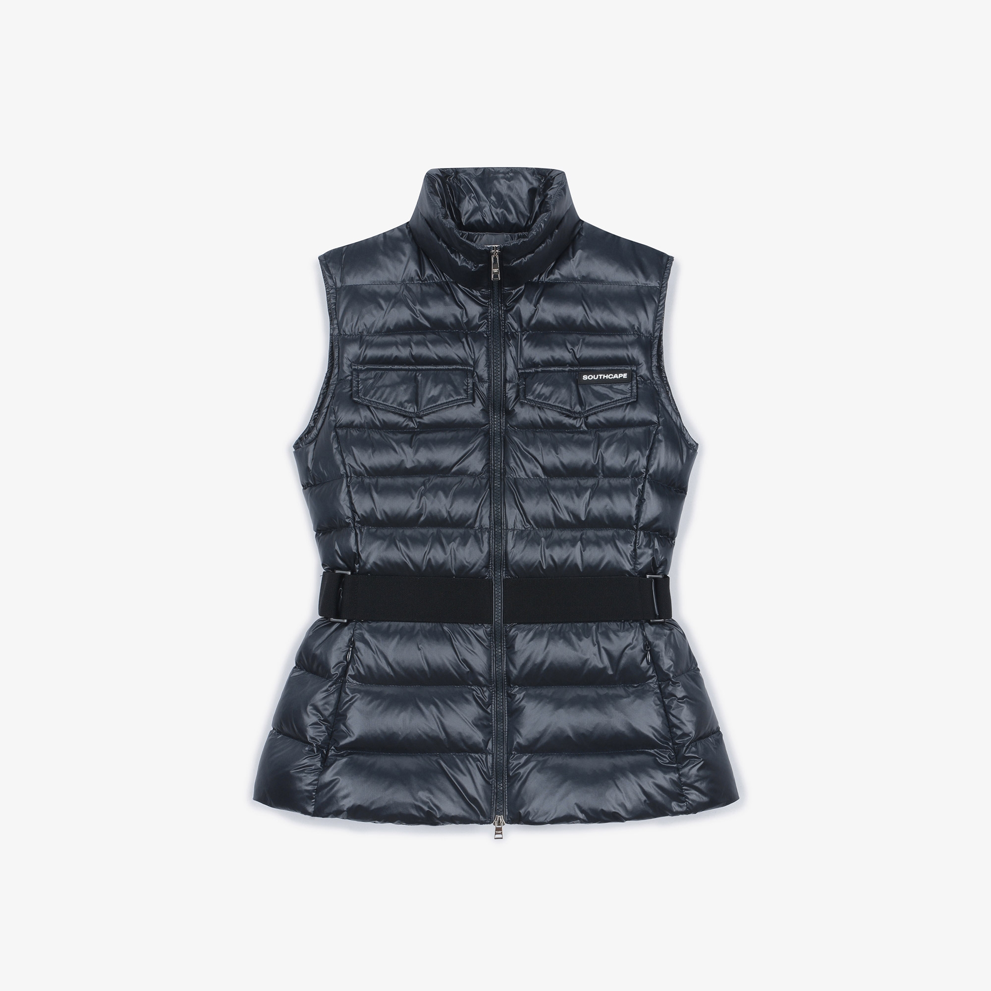 여성 글로시 하이넥 벨트 다운 베스트_네이비