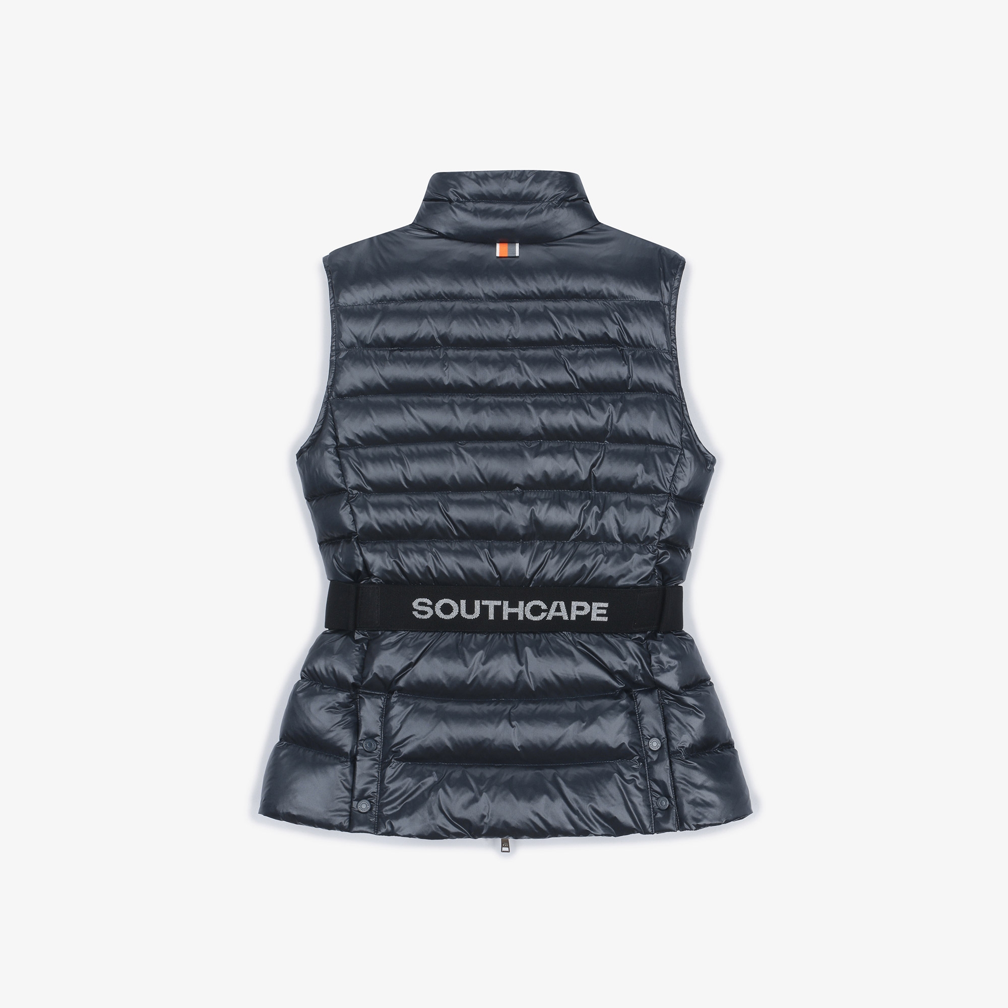 여성 글로시 하이넥 벨트 다운 베스트_네이비