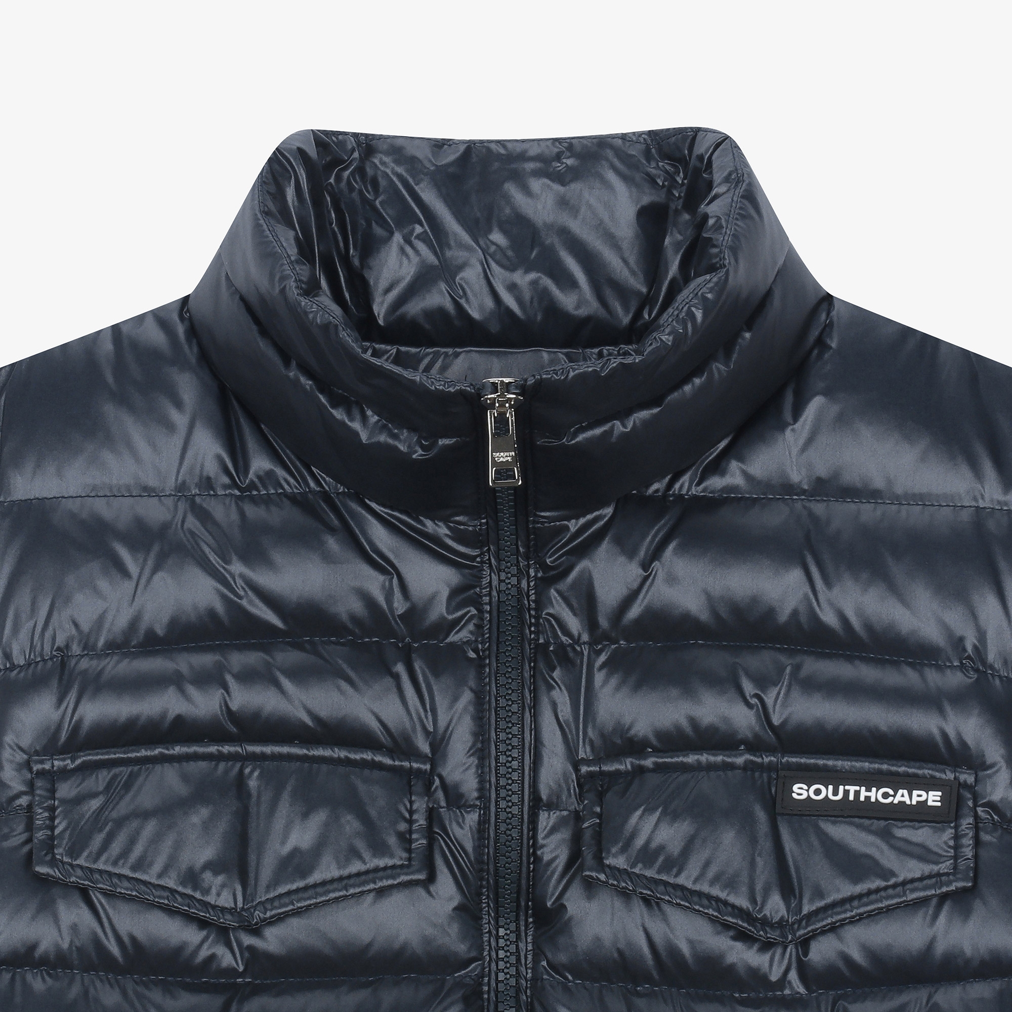 여성 글로시 하이넥 벨트 다운 베스트_네이비