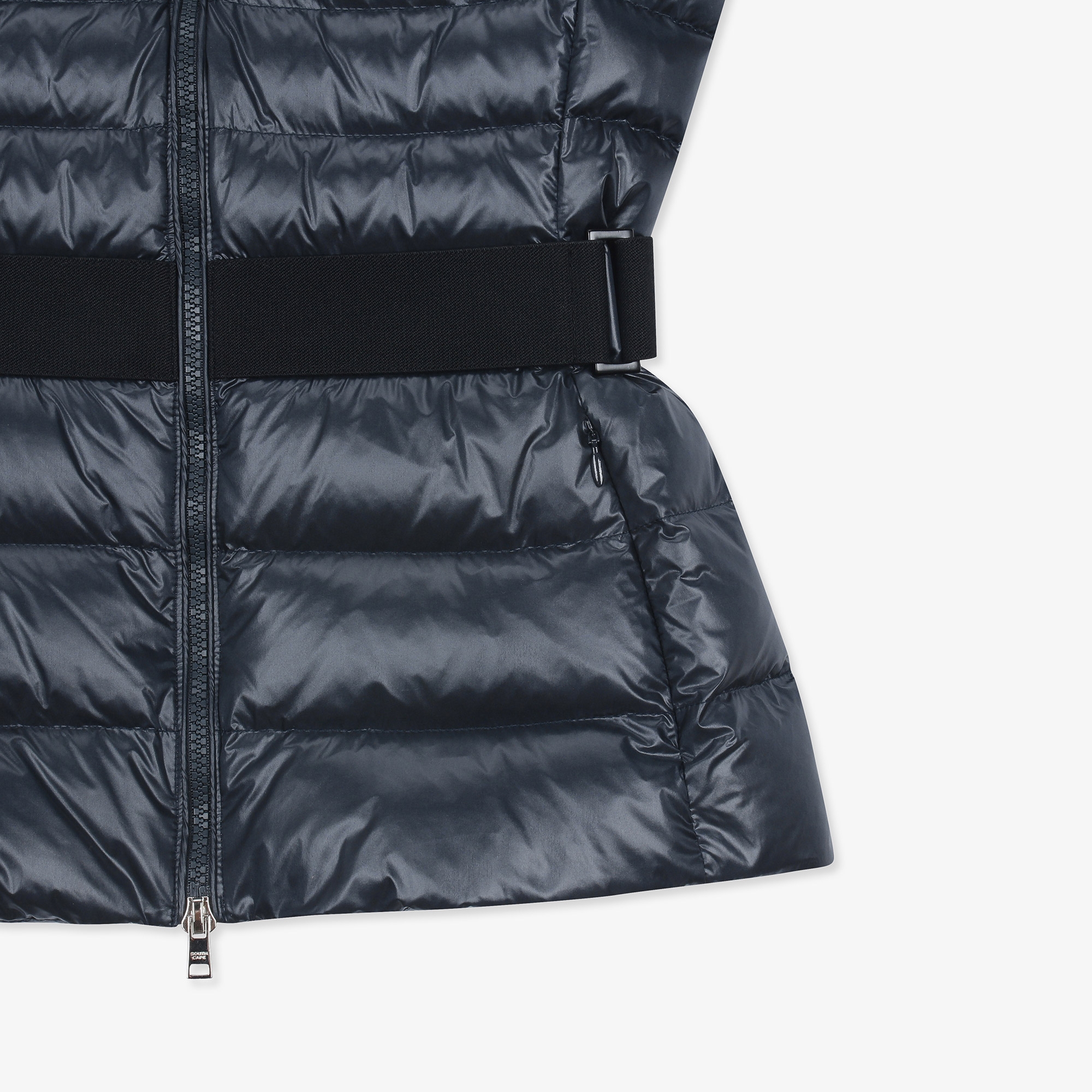 여성 글로시 하이넥 벨트 다운 베스트_네이비