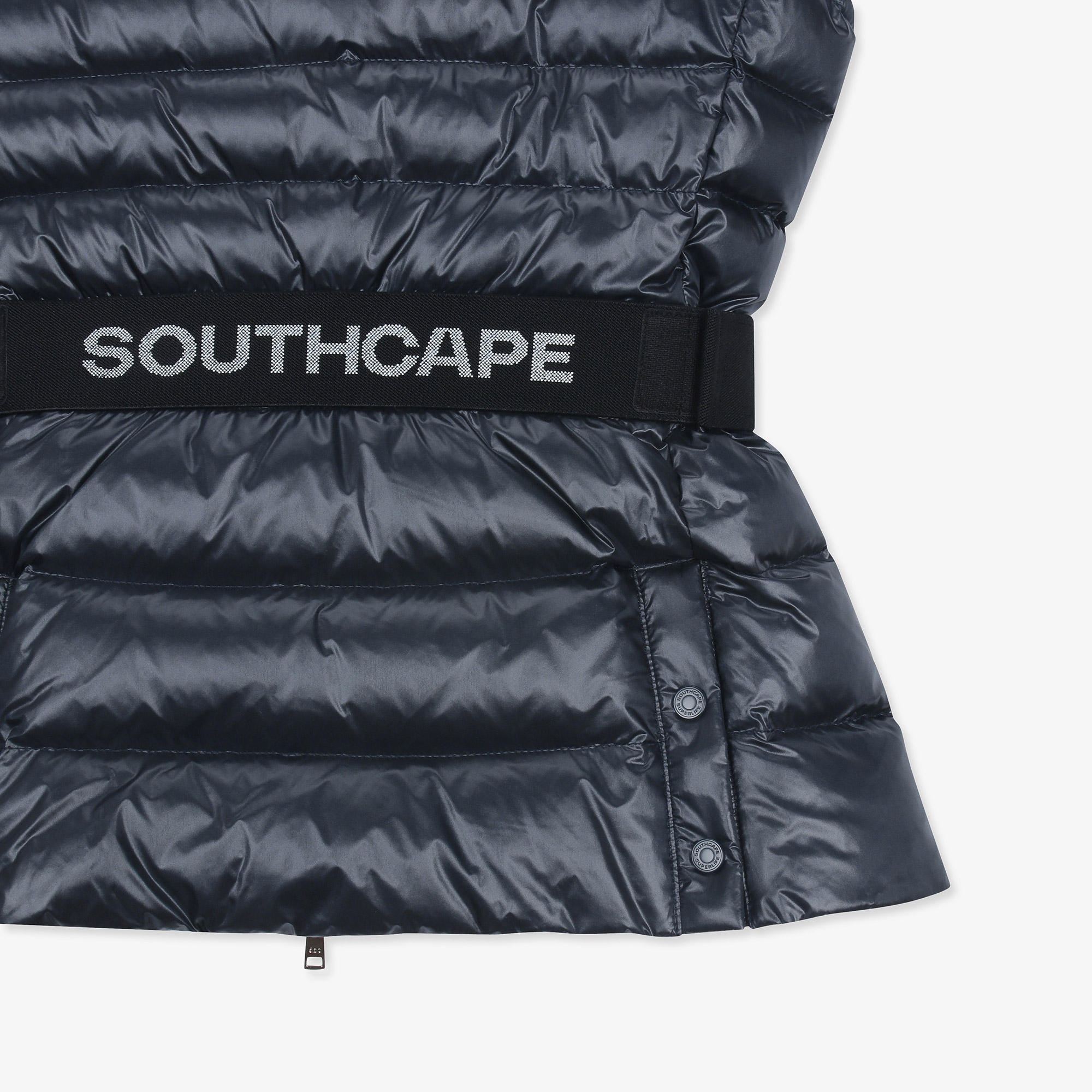 여성 글로시 하이넥 벨트 다운 베스트_네이비