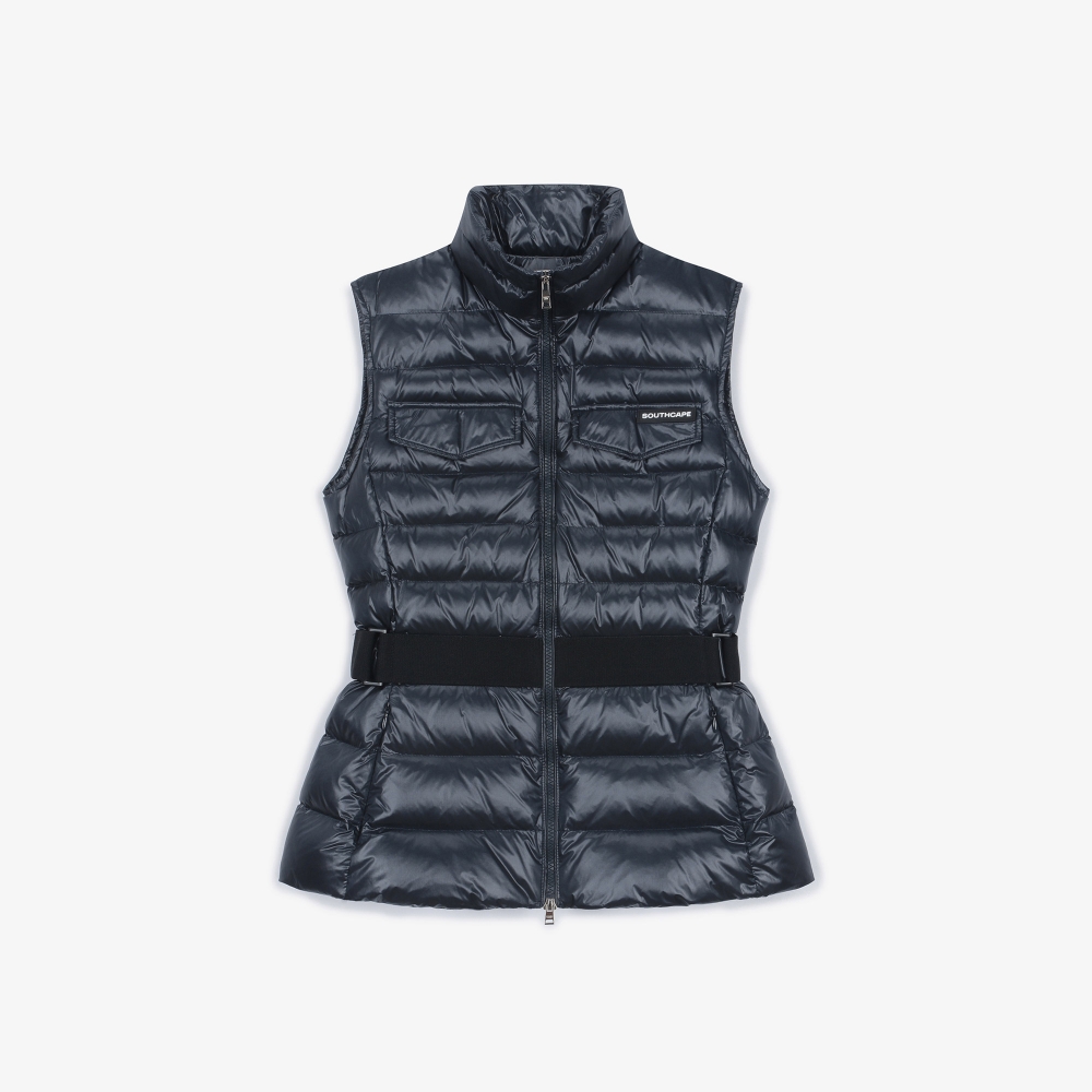 여성 글로시 하이넥 벨트 다운 베스트_네이비