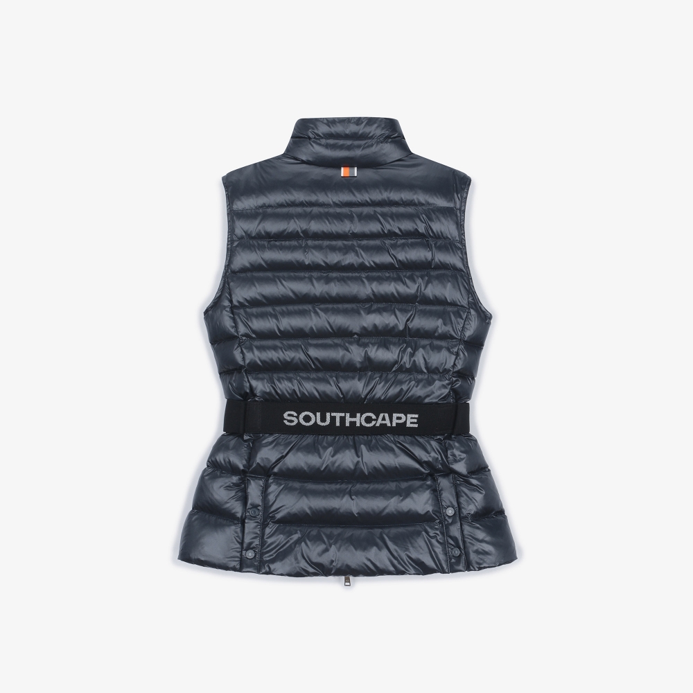 여성 글로시 하이넥 벨트 다운 베스트_네이비