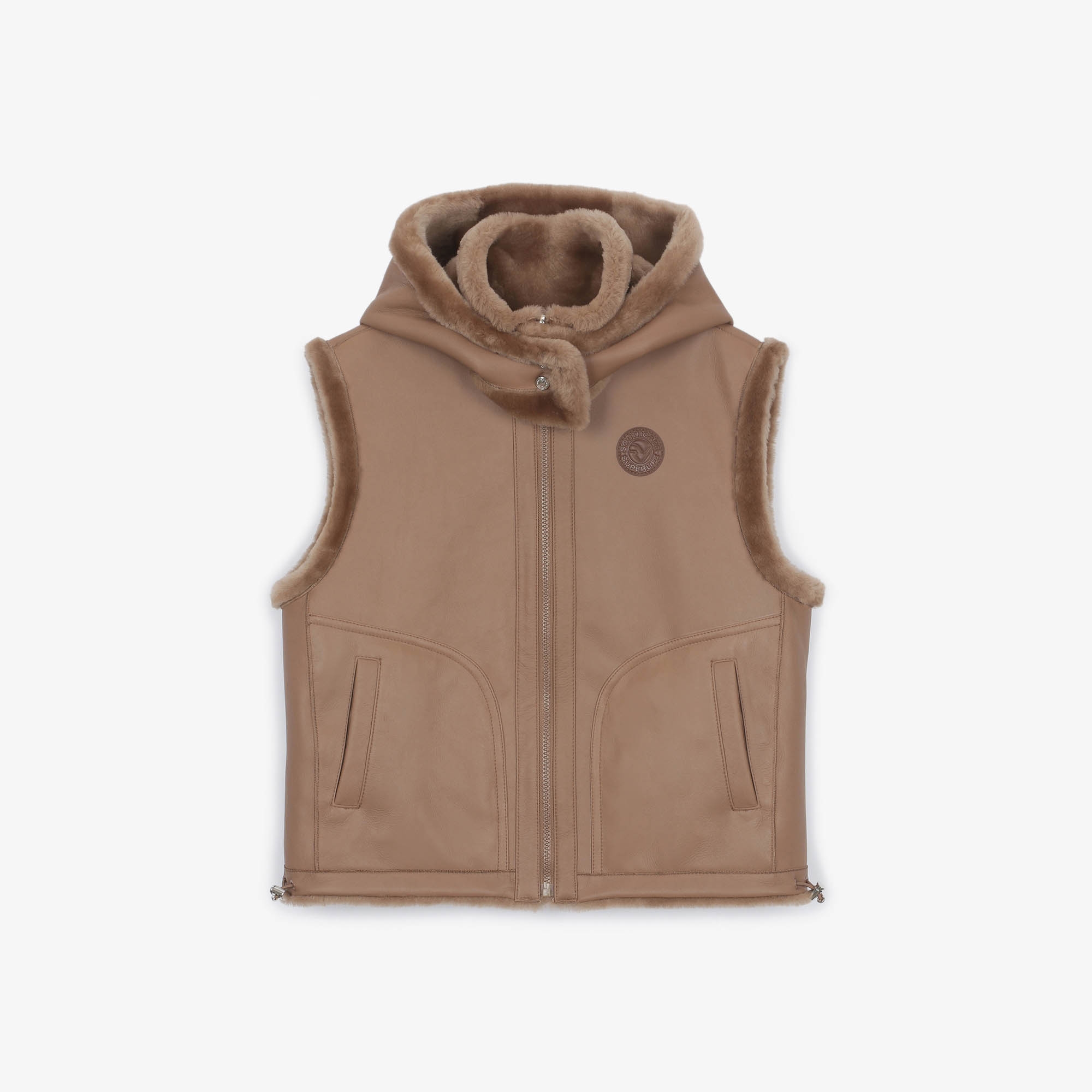 여성 무스탕 리버시블 후드 베스트_카멜