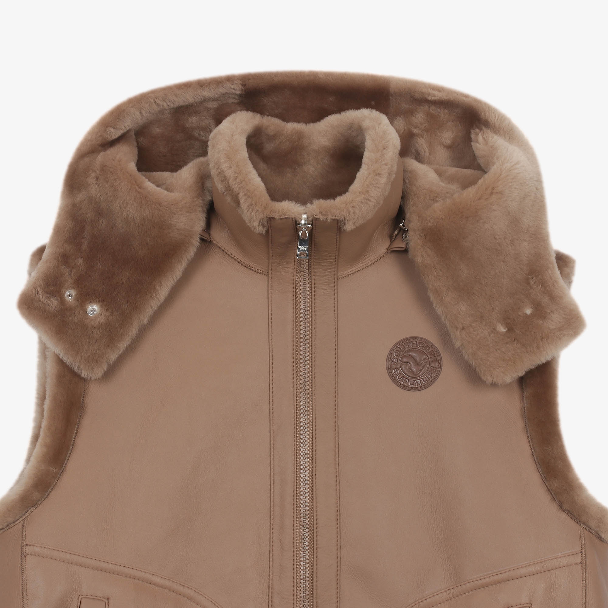 여성 무스탕 리버시블 후드 베스트_카멜