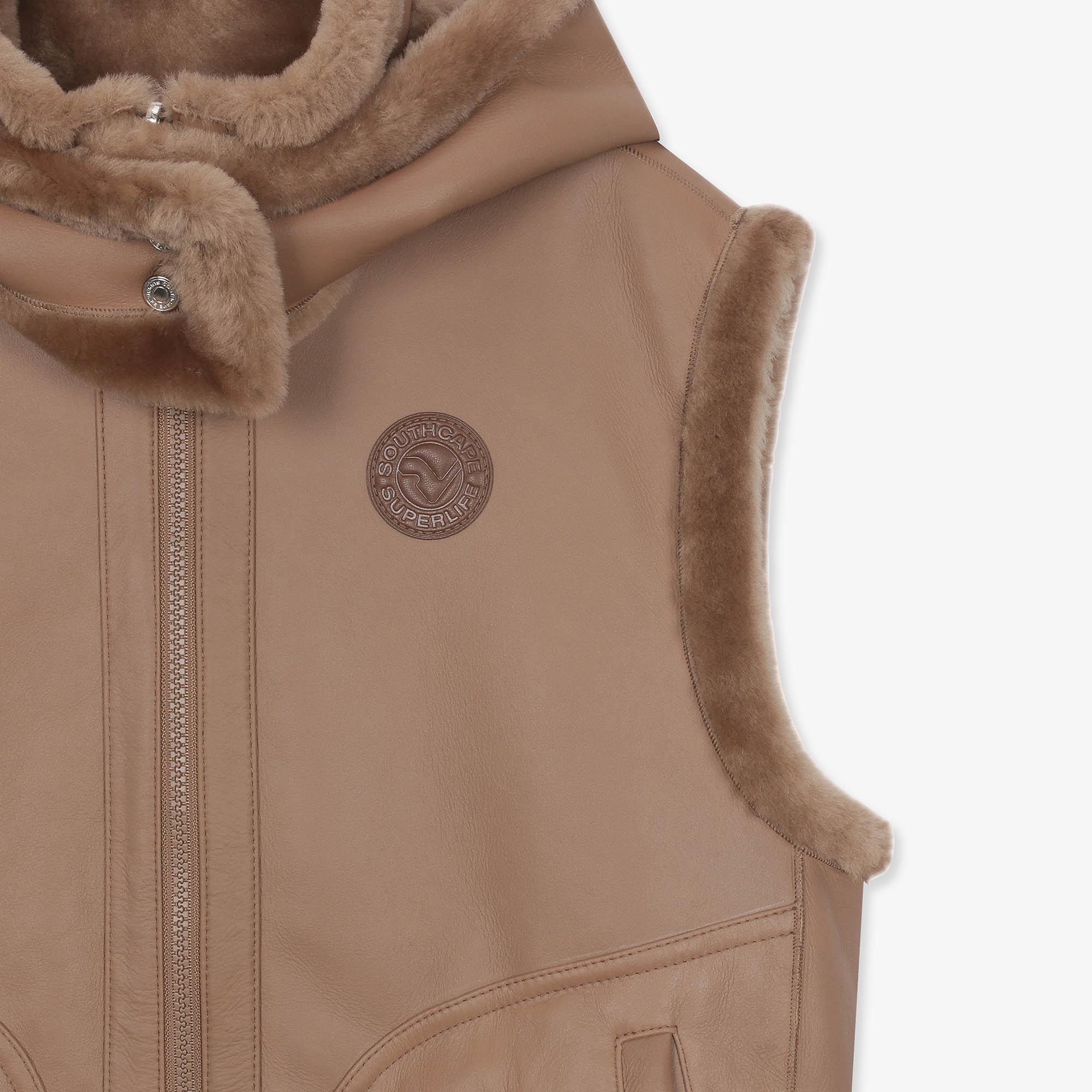 여성 무스탕 리버시블 후드 베스트_카멜