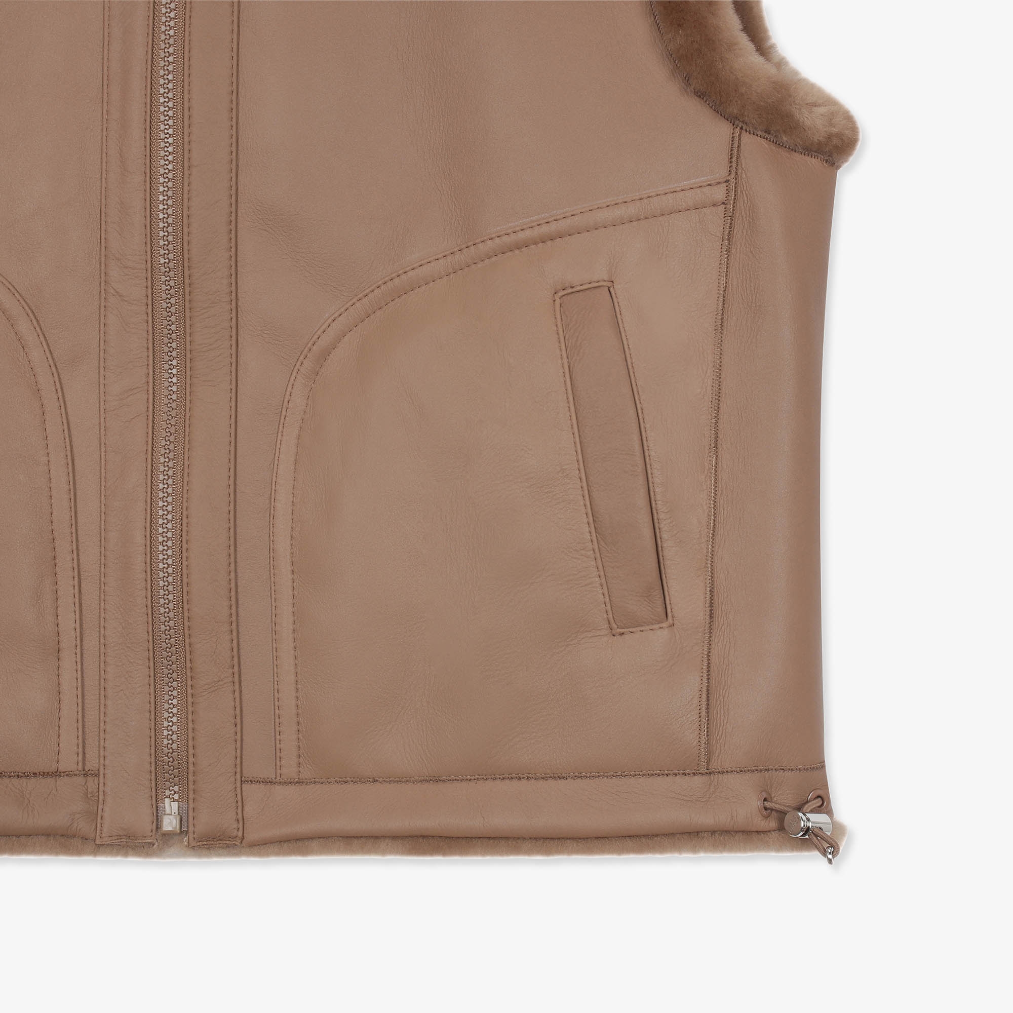 여성 무스탕 리버시블 후드 베스트_카멜