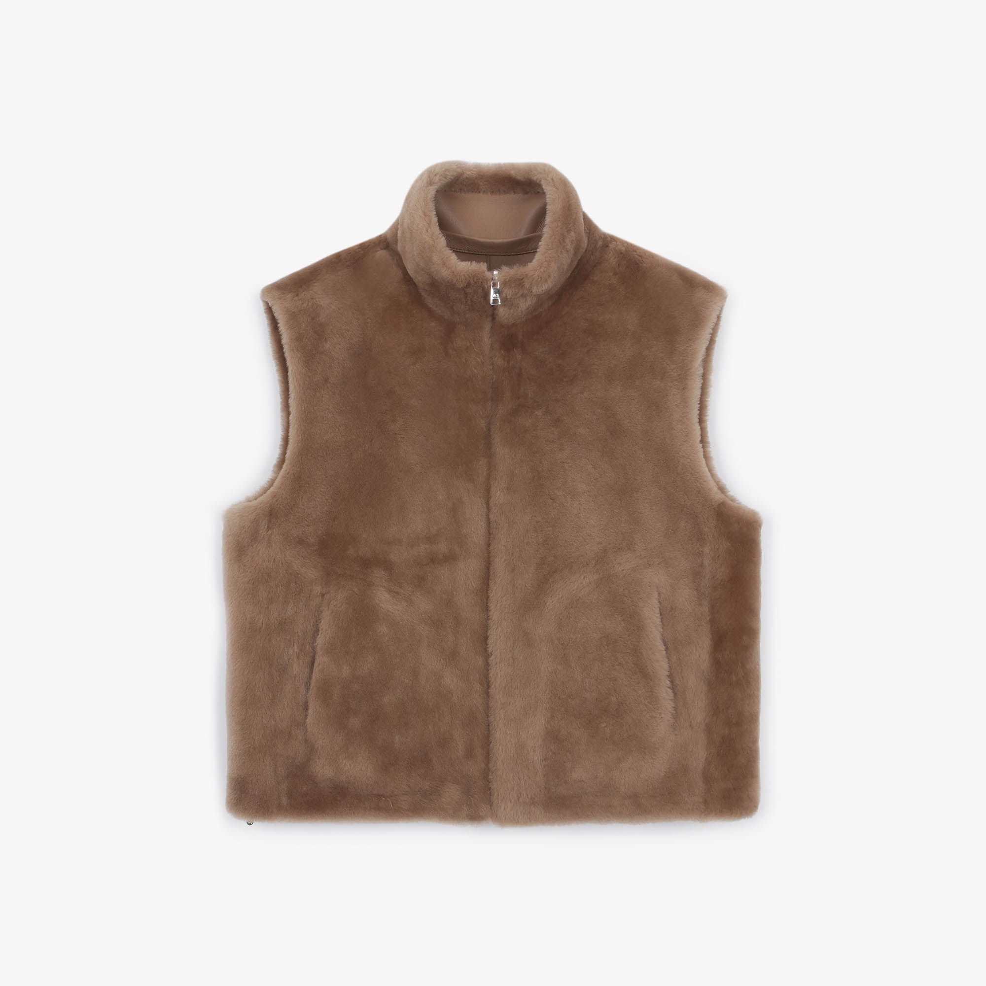 여성 무스탕 리버시블 후드 베스트_카멜