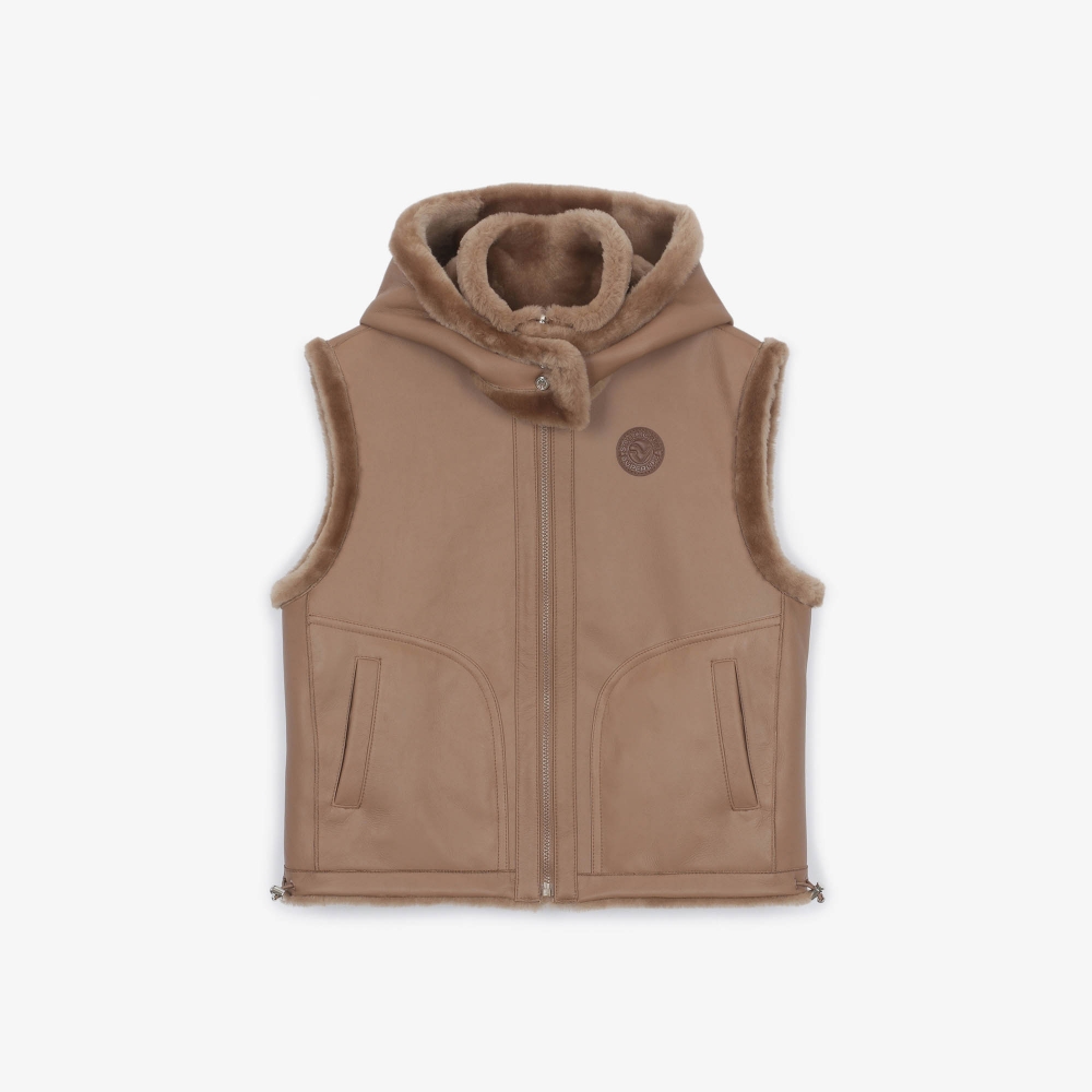 여성 무스탕 리버시블 후드 베스트_카멜