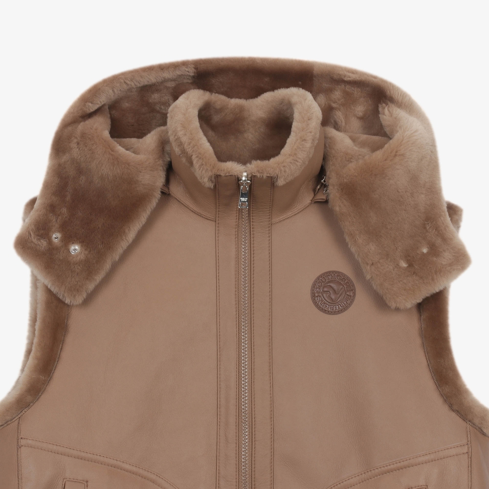 여성 무스탕 리버시블 후드 베스트_카멜