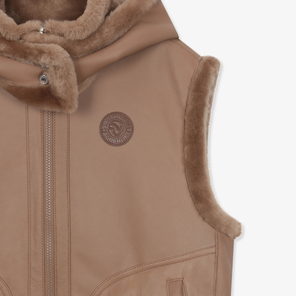 여성 무스탕 리버시블 후드 베스트_카멜