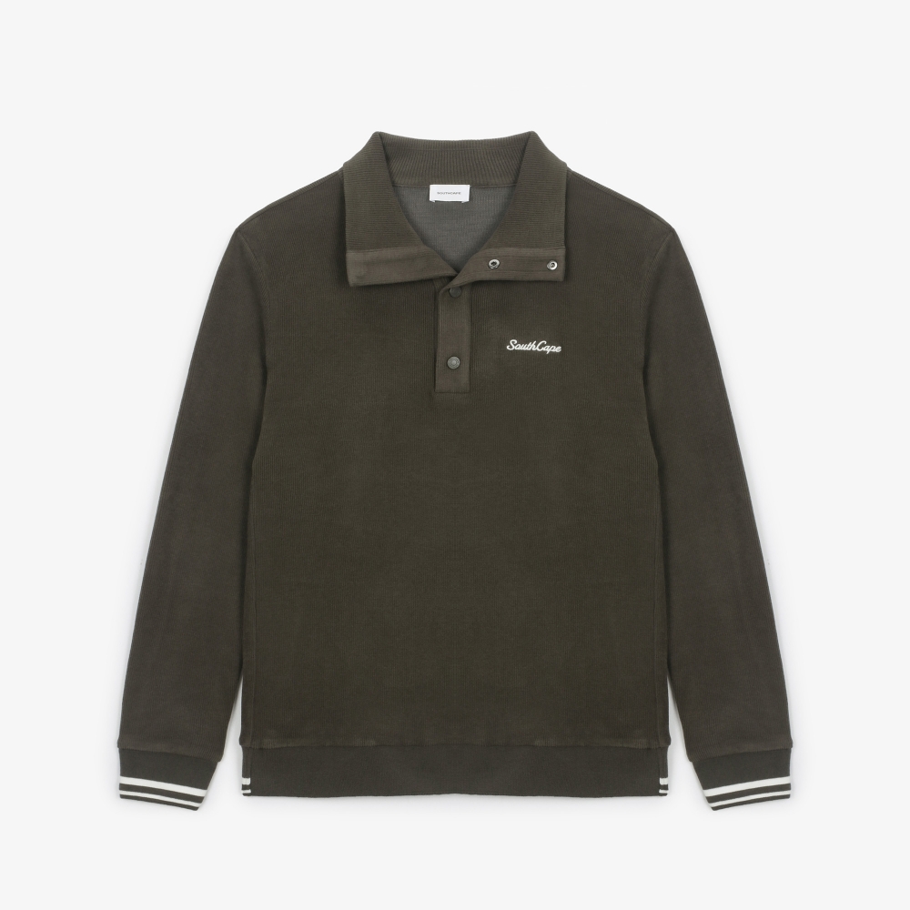 남성 하프 버튼 칼라 긴팔 티셔츠_세피아