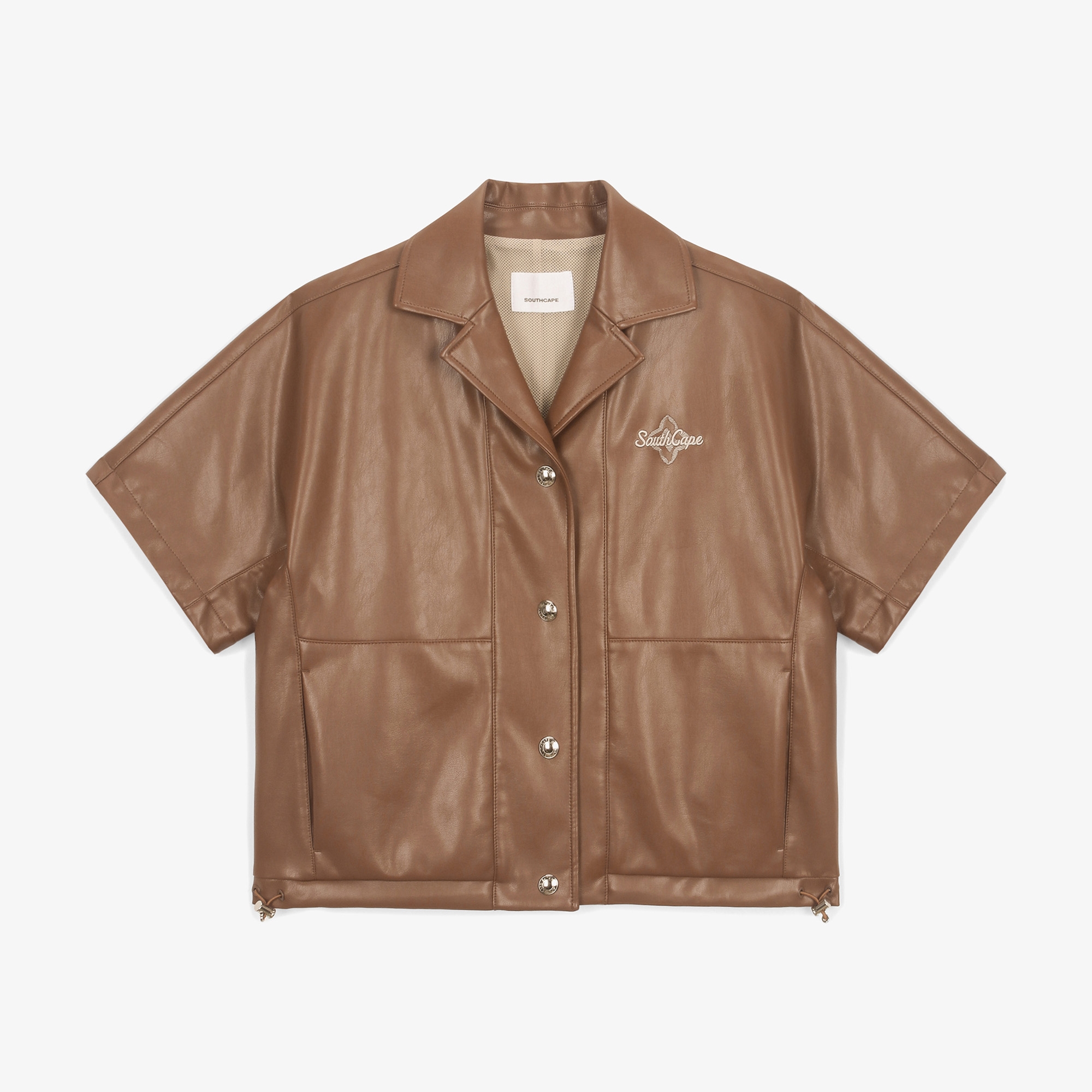 여성 에코 레더 빅 카라 반팔 점퍼_카멜