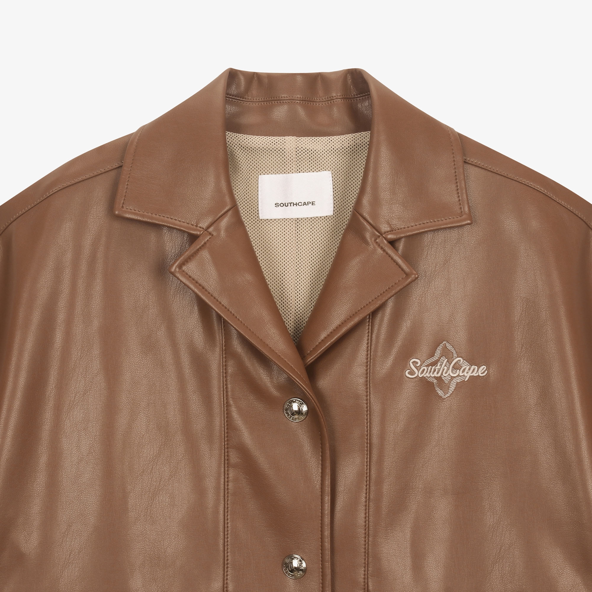 여성 에코 레더 빅 카라 반팔 점퍼_카멜