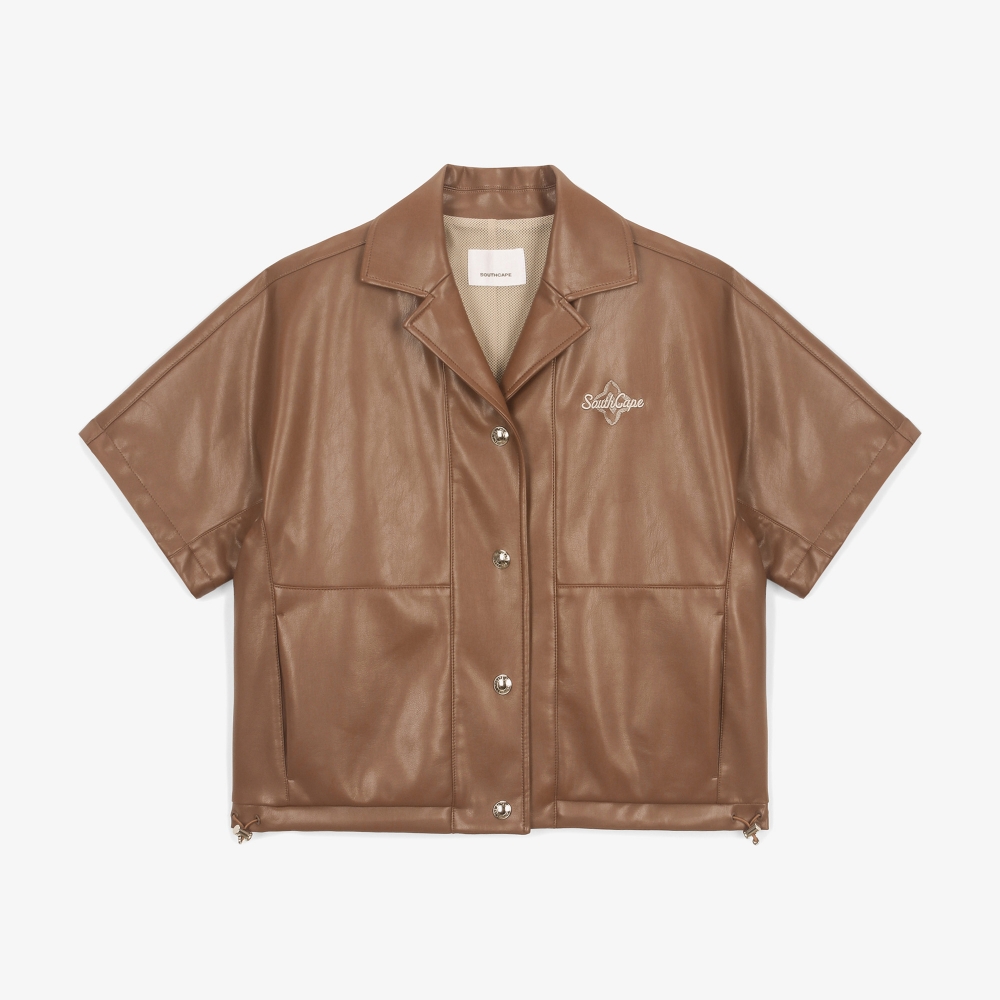 여성 에코 레더 빅 카라 반팔 점퍼_카멜