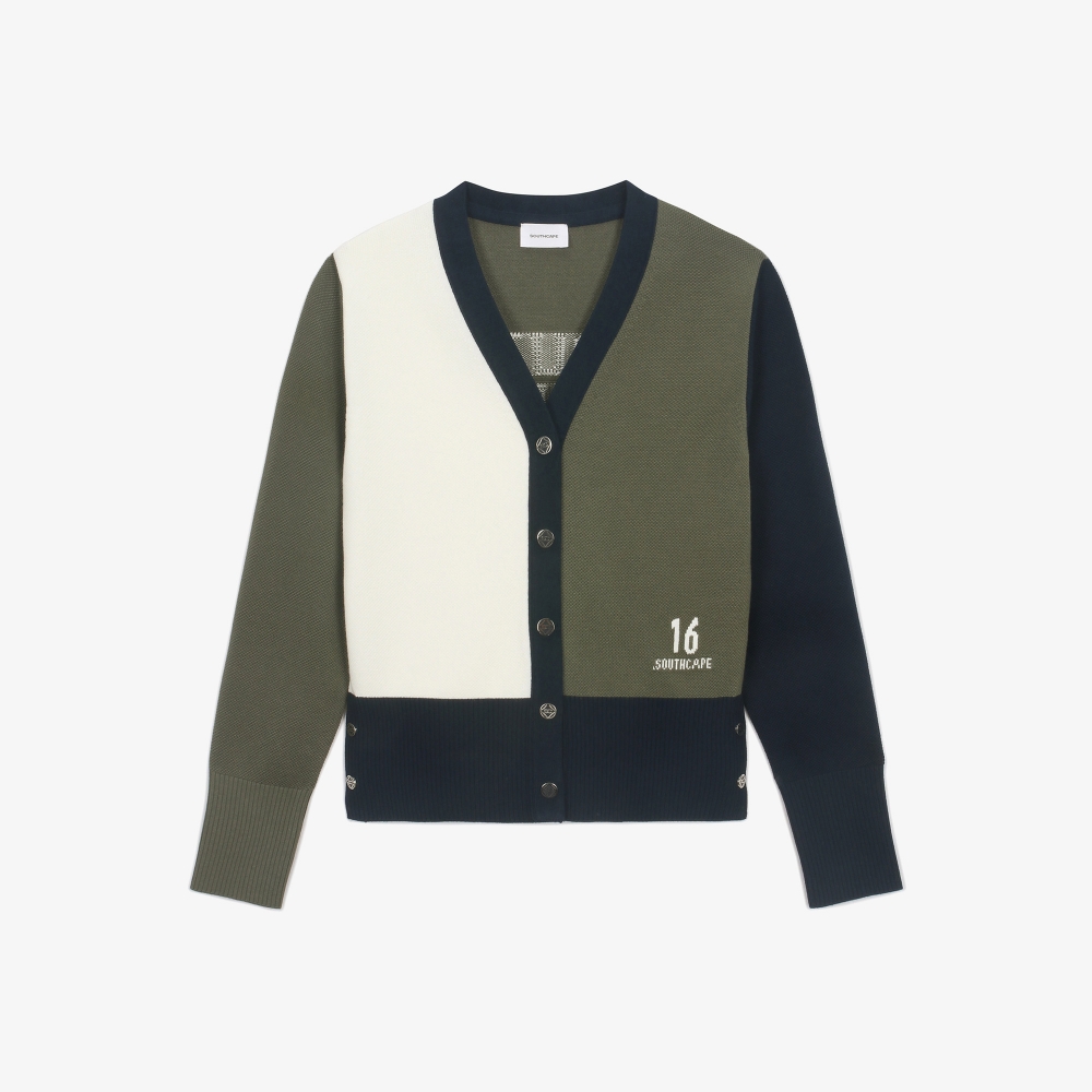 여성 16 로고 컬러 배색 가디건_카키