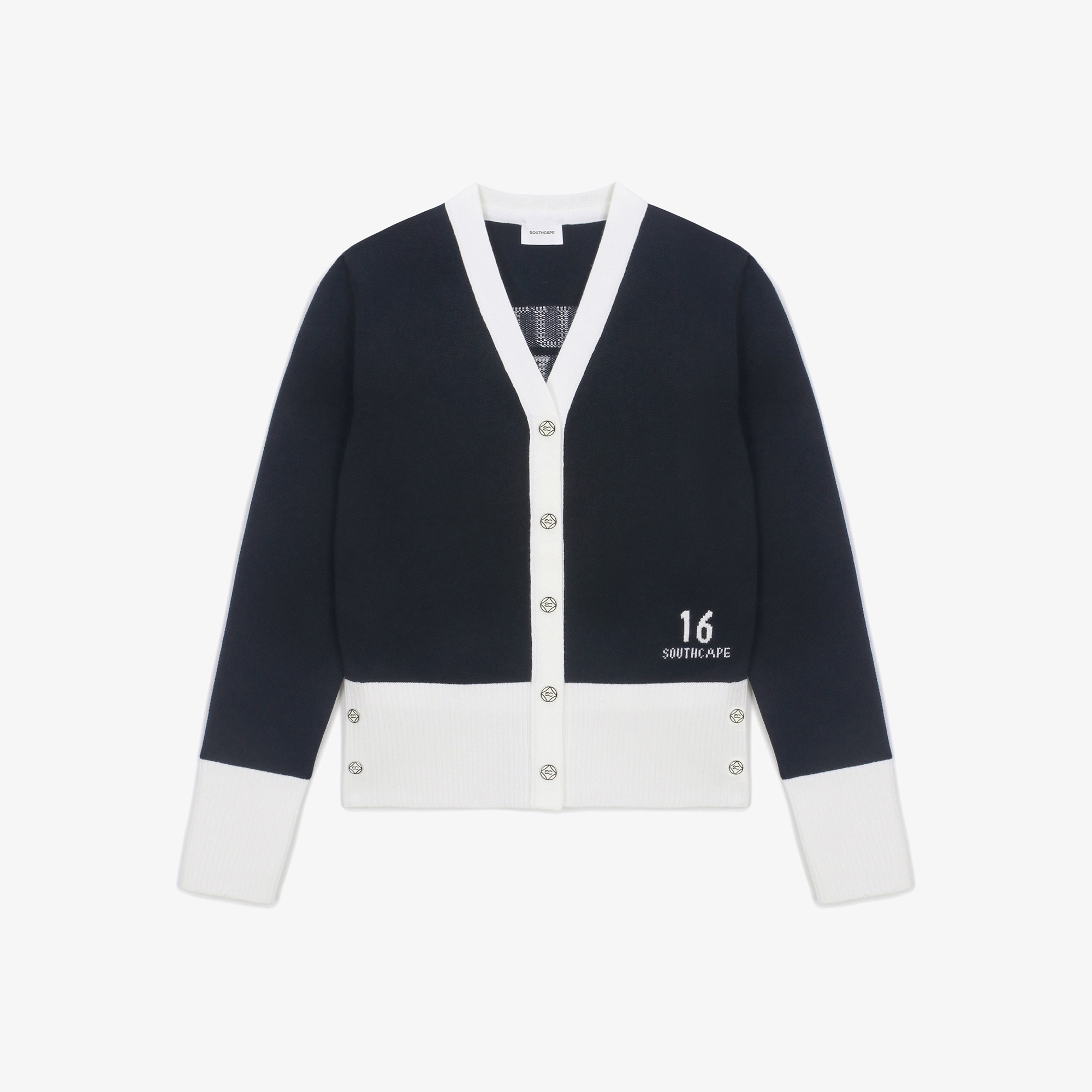 여성 16 로고 컬러 배색 가디건_네이비