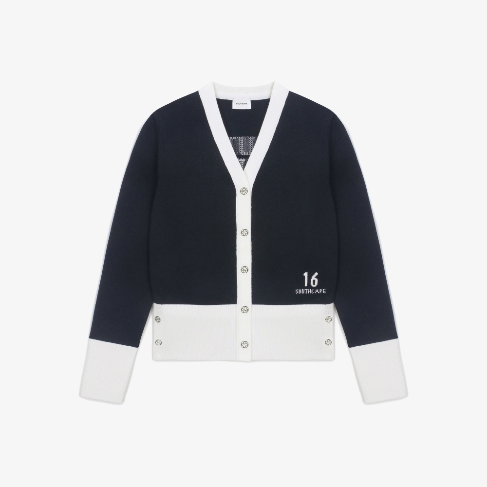 여성 16 로고 컬러 배색 가디건_네이비