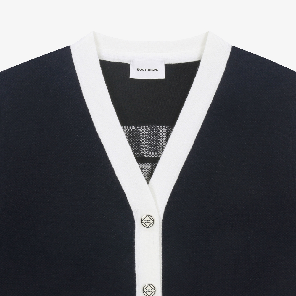 여성 16 로고 컬러 배색 가디건_네이비