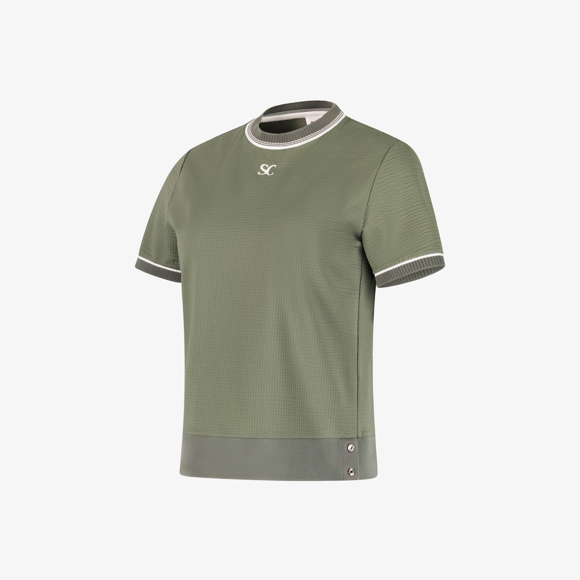 사우스케이프 여성 배색 시보리 와플 조직 티셔츠_카키