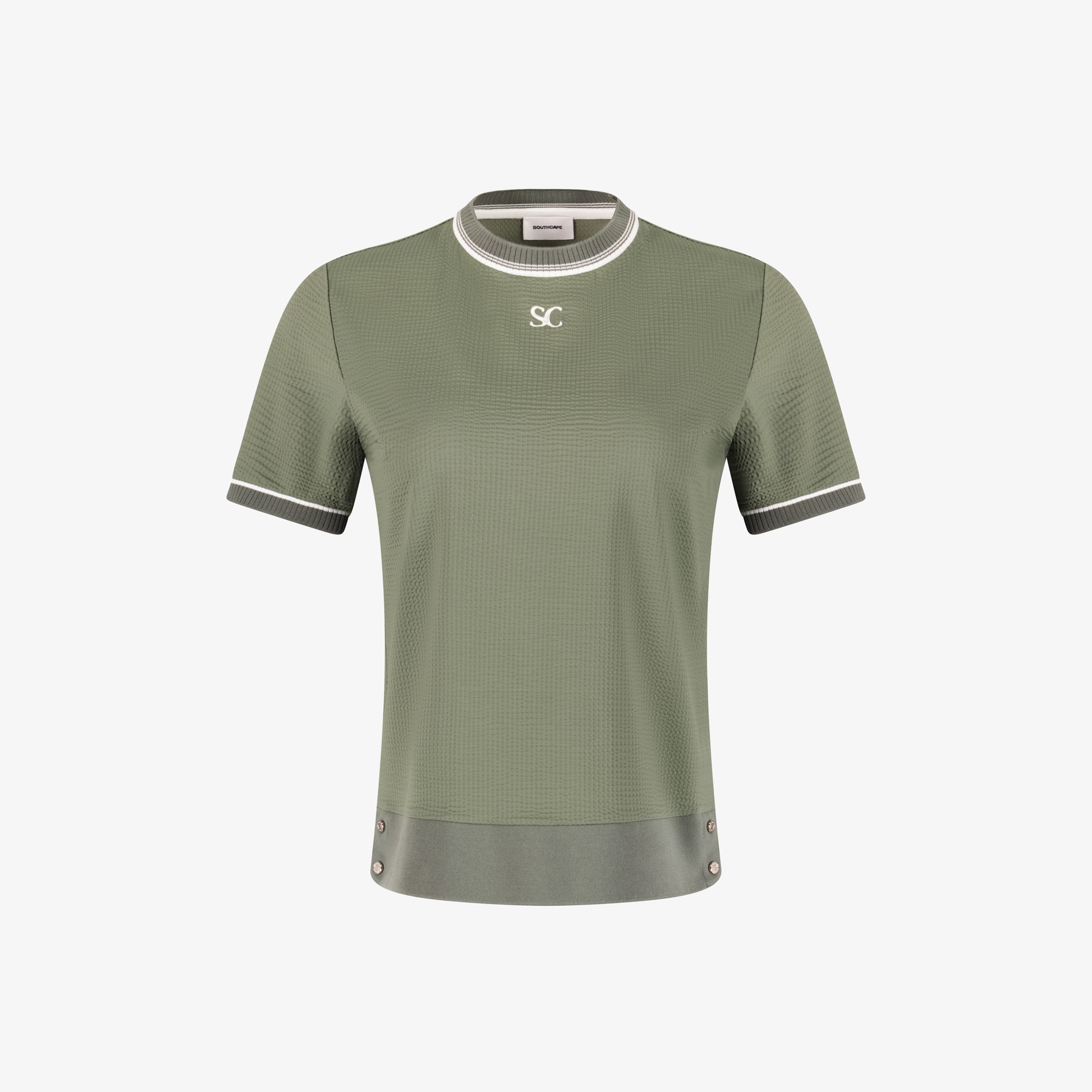 사우스케이프 여성 배색 시보리 와플 조직 티셔츠_카키