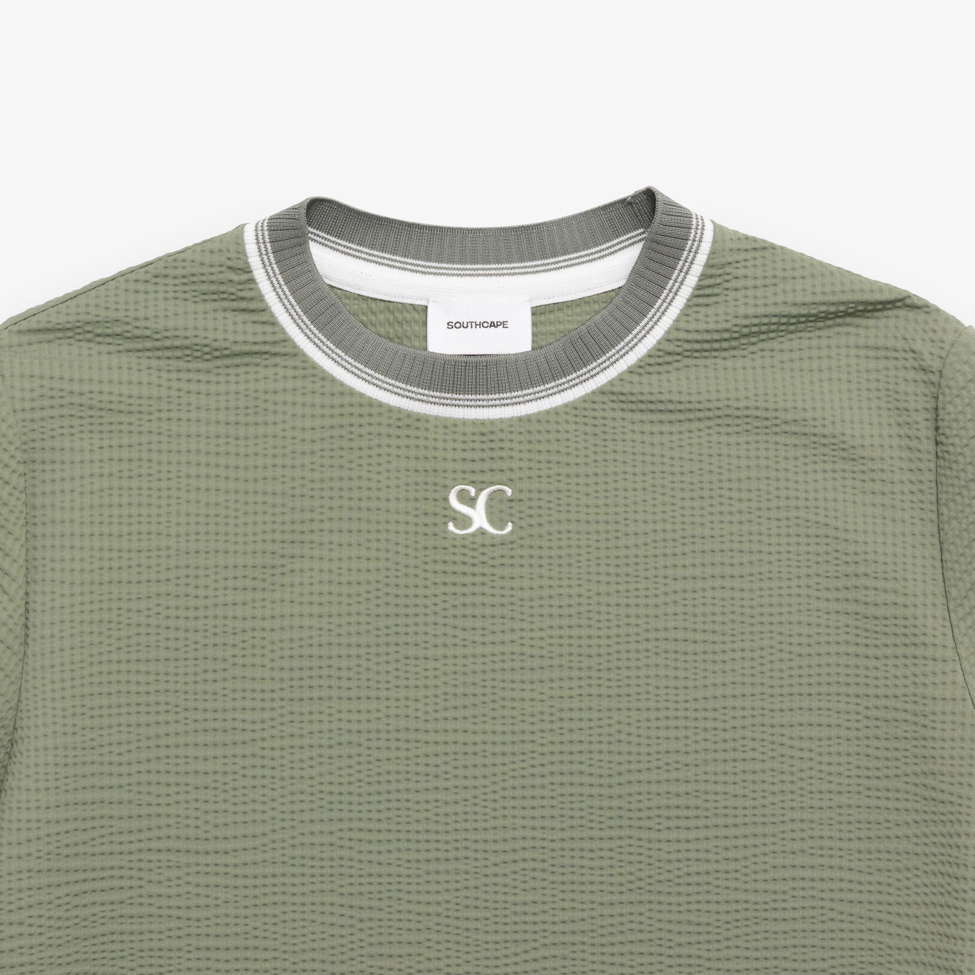 사우스케이프 여성 배색 시보리 와플 조직 티셔츠_카키