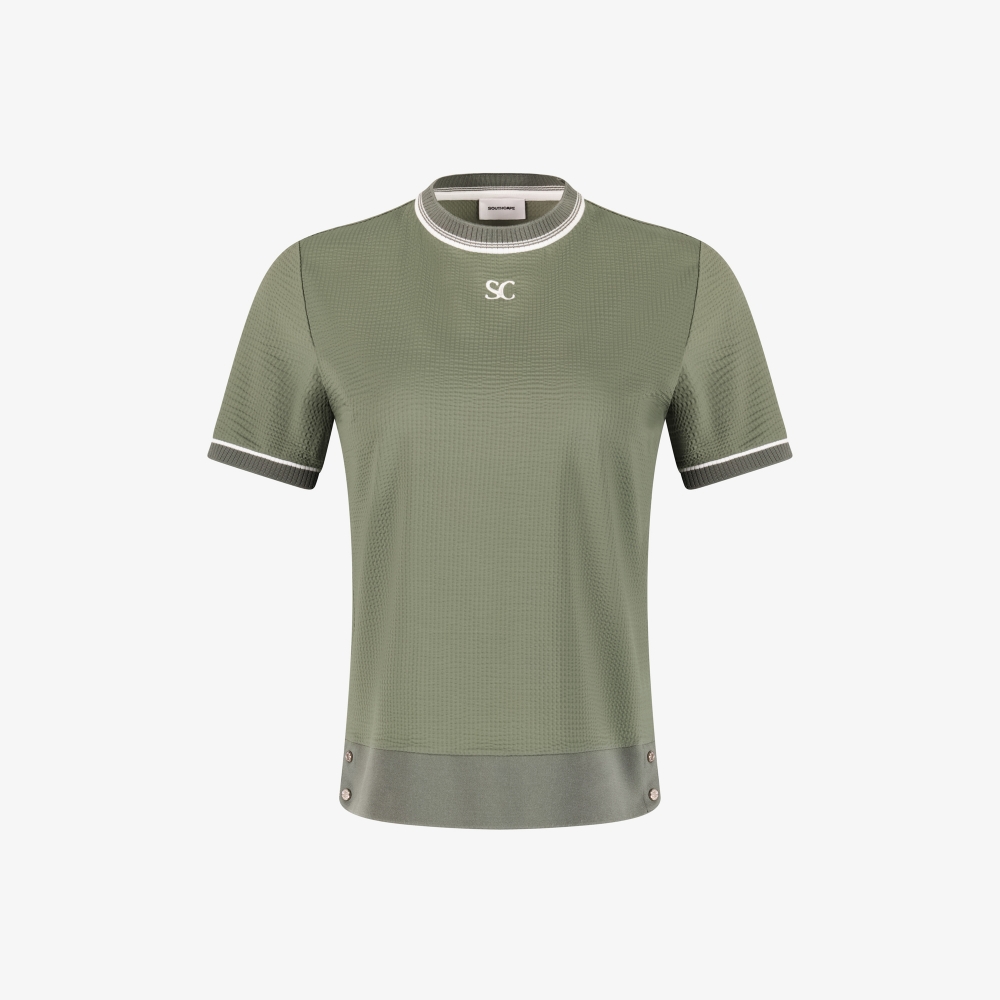 사우스케이프 여성 배색 시보리 와플 조직 티셔츠_카키