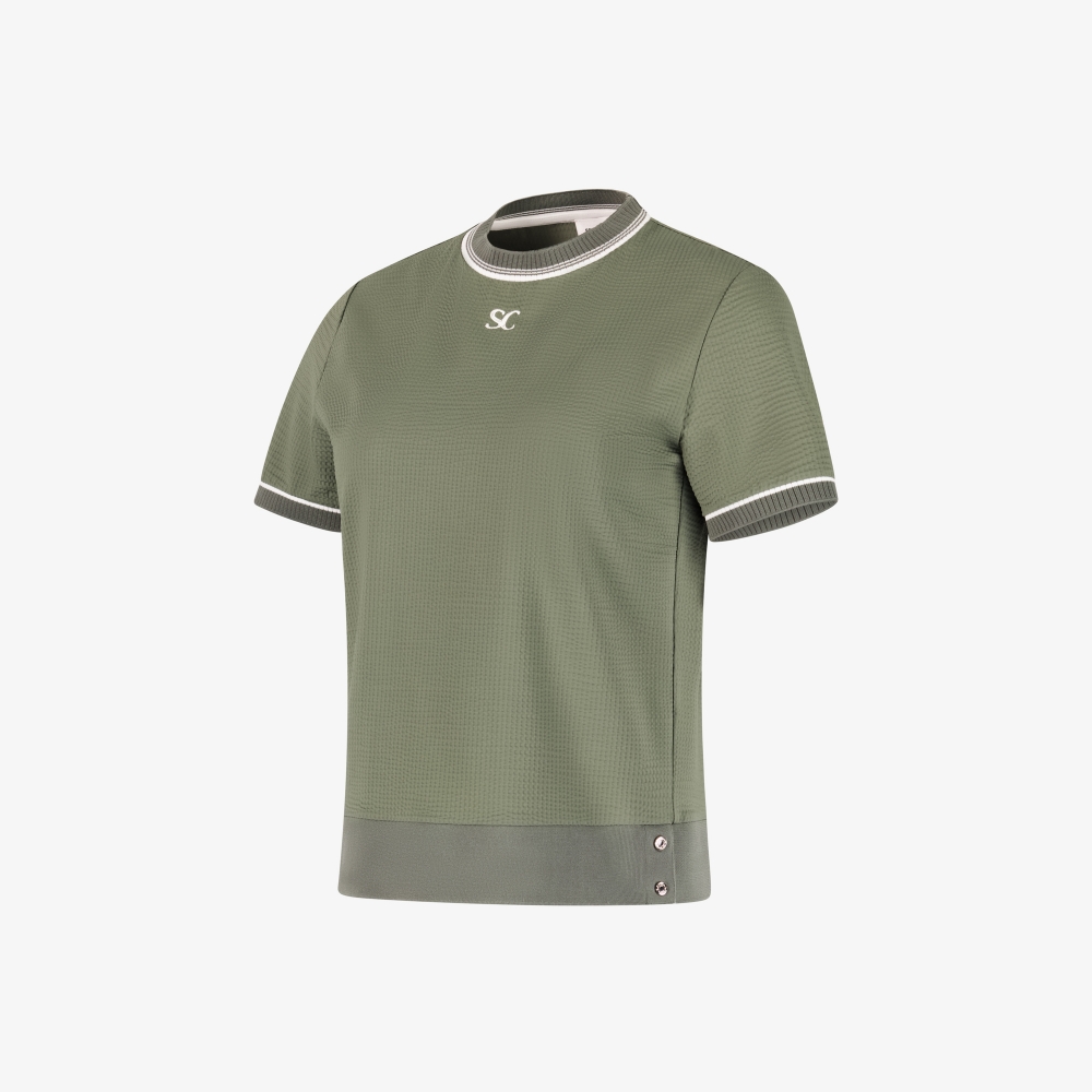 사우스케이프 여성 배색 시보리 와플 조직 티셔츠_카키