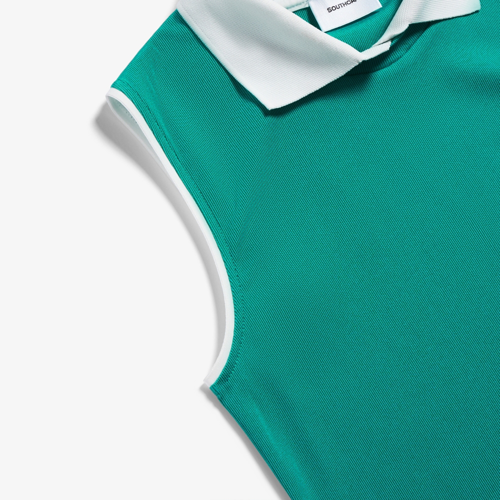 사우스케이프 여성 배색 카라 슬리브리스_아쿠아 블루