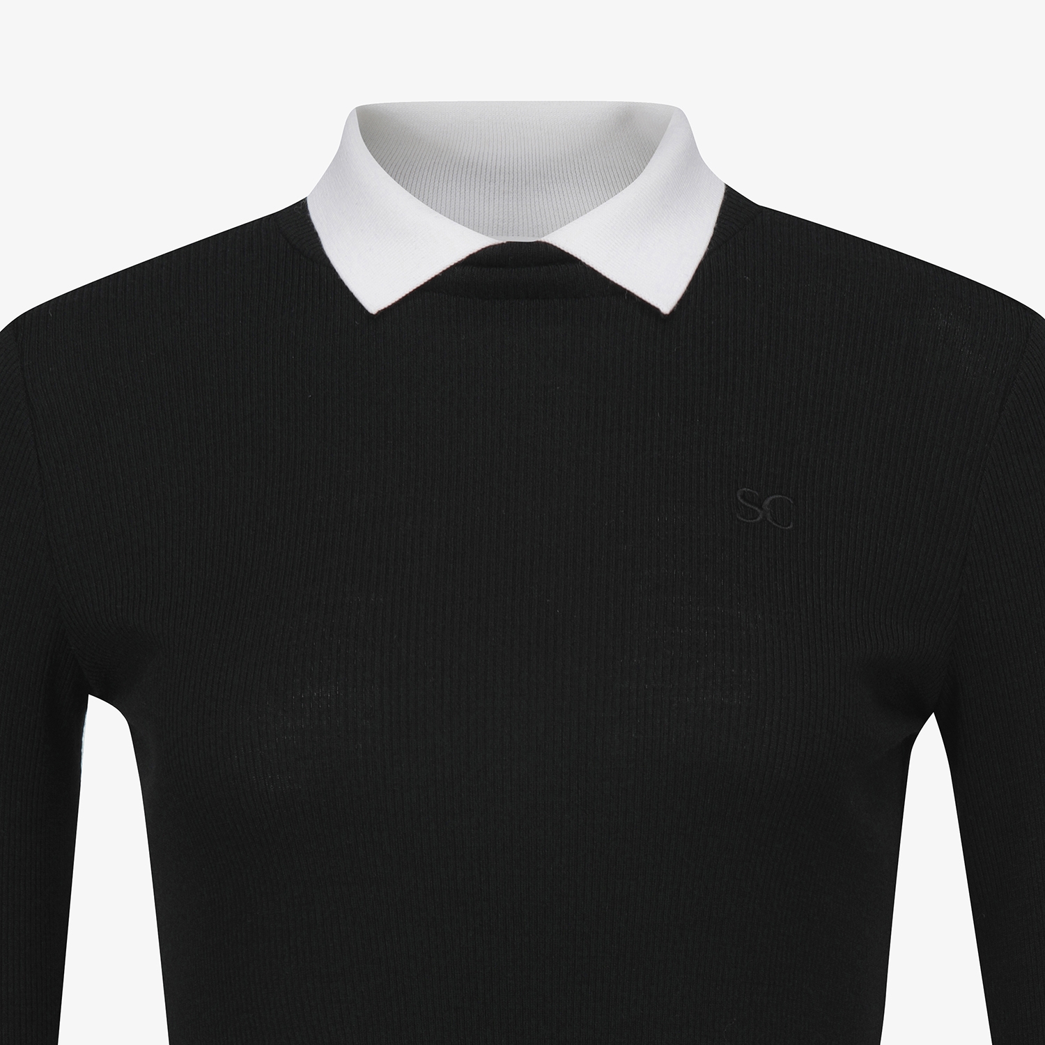 사우스케이프 여성 울 배색 카라 티셔츠_블랙