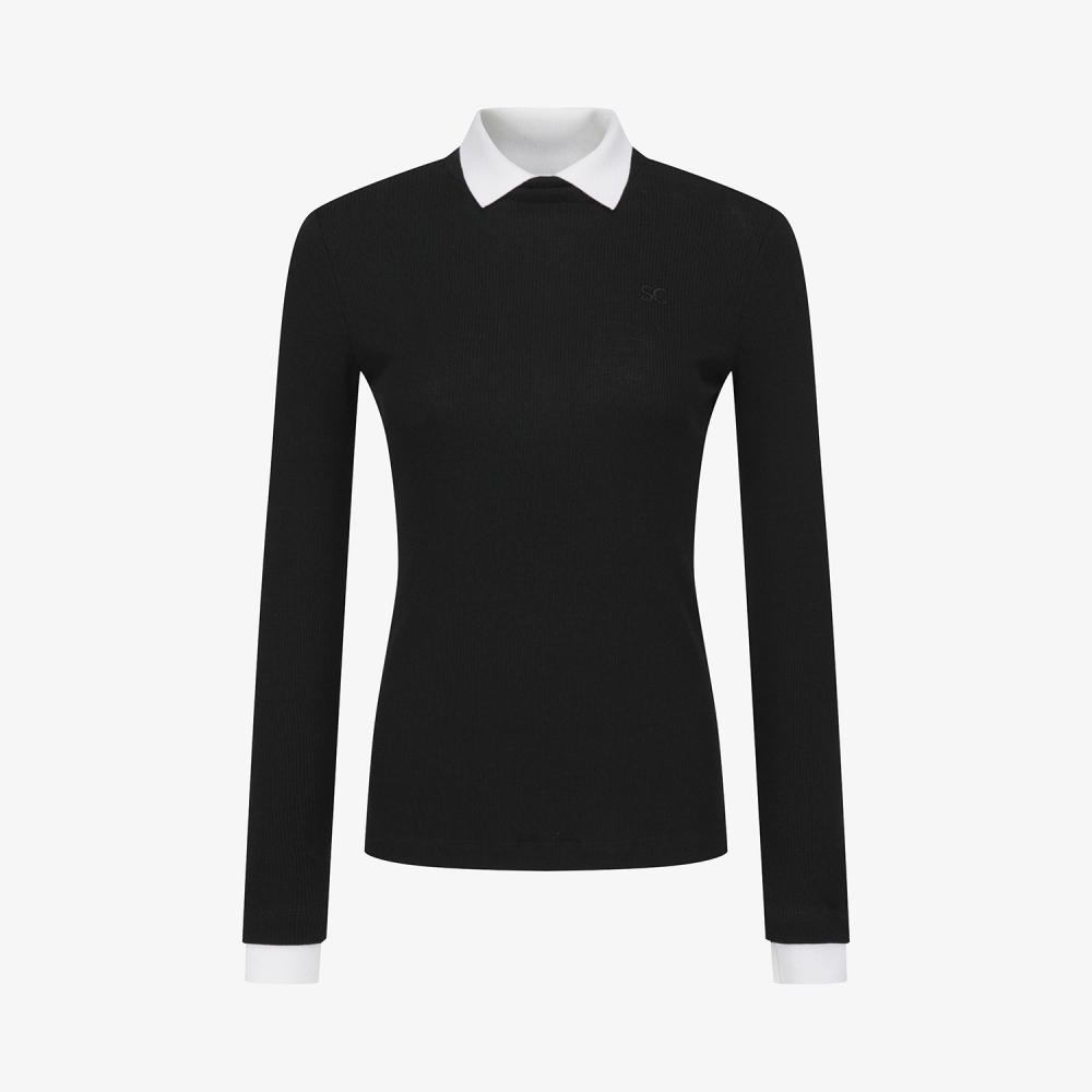 사우스케이프 여성 울 배색 카라 티셔츠_블랙