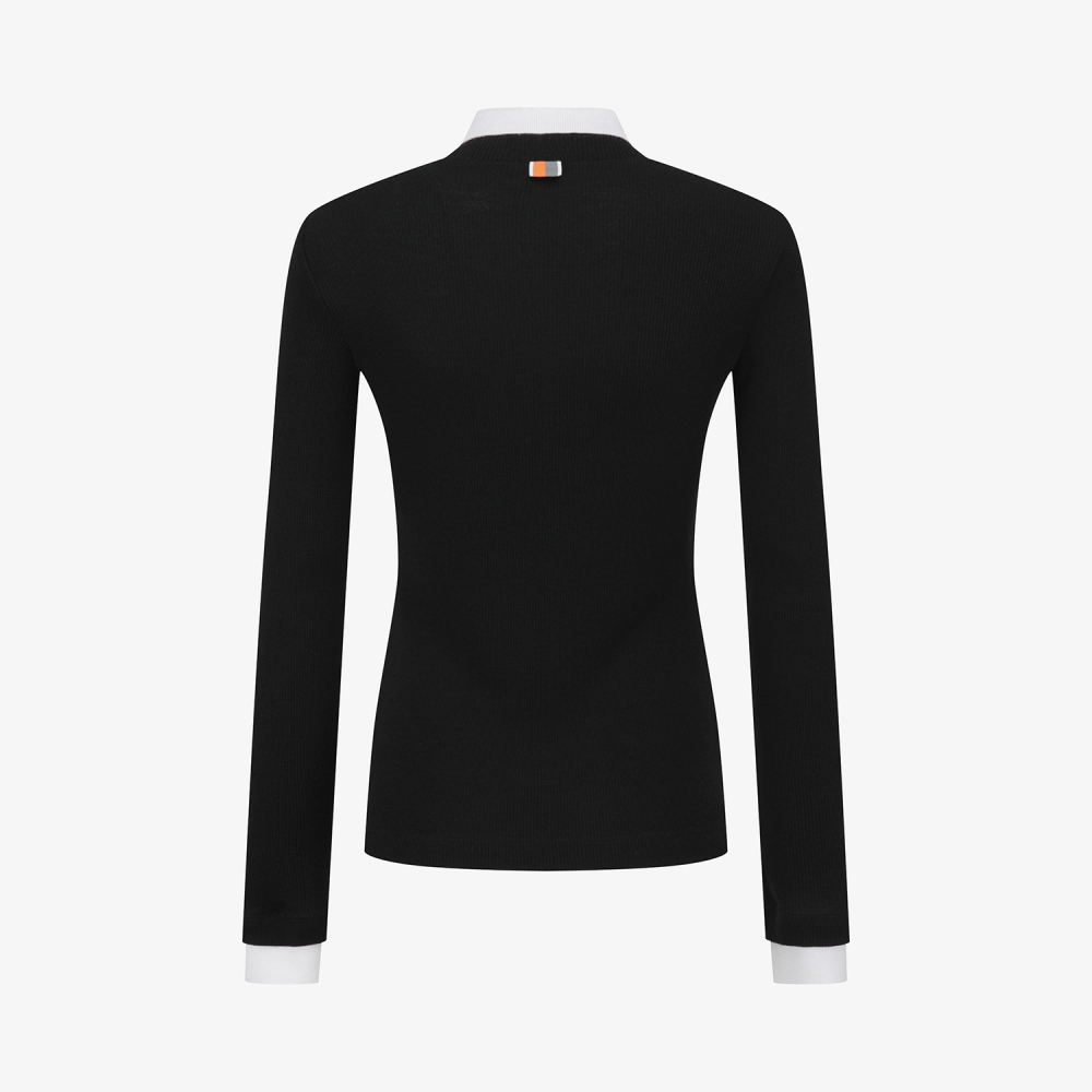 사우스케이프 여성 울 배색 카라 티셔츠_블랙