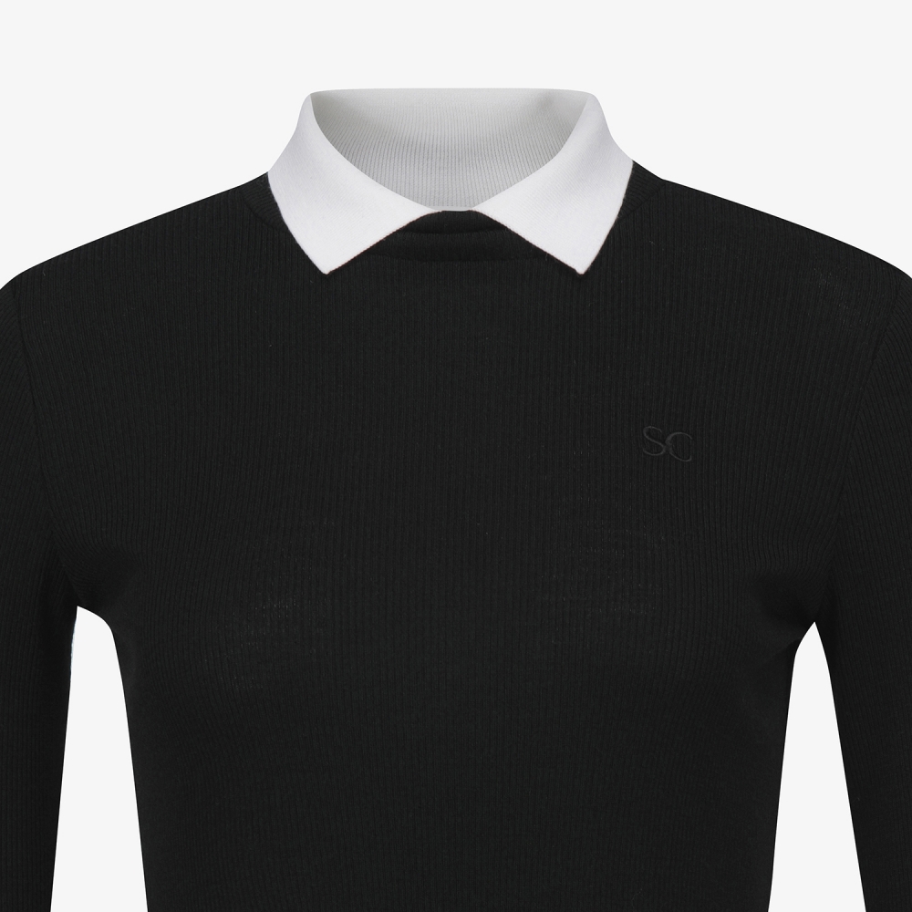 사우스케이프 여성 울 배색 카라 티셔츠_블랙