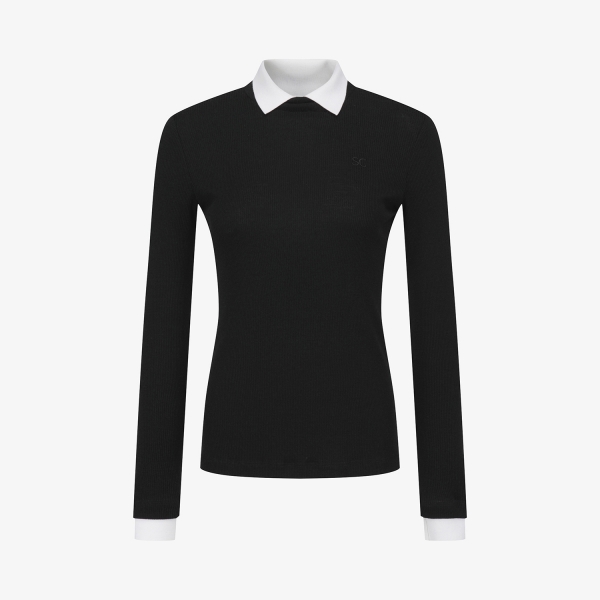 사우스케이프 여성 울 배색 카라 티셔츠_블랙