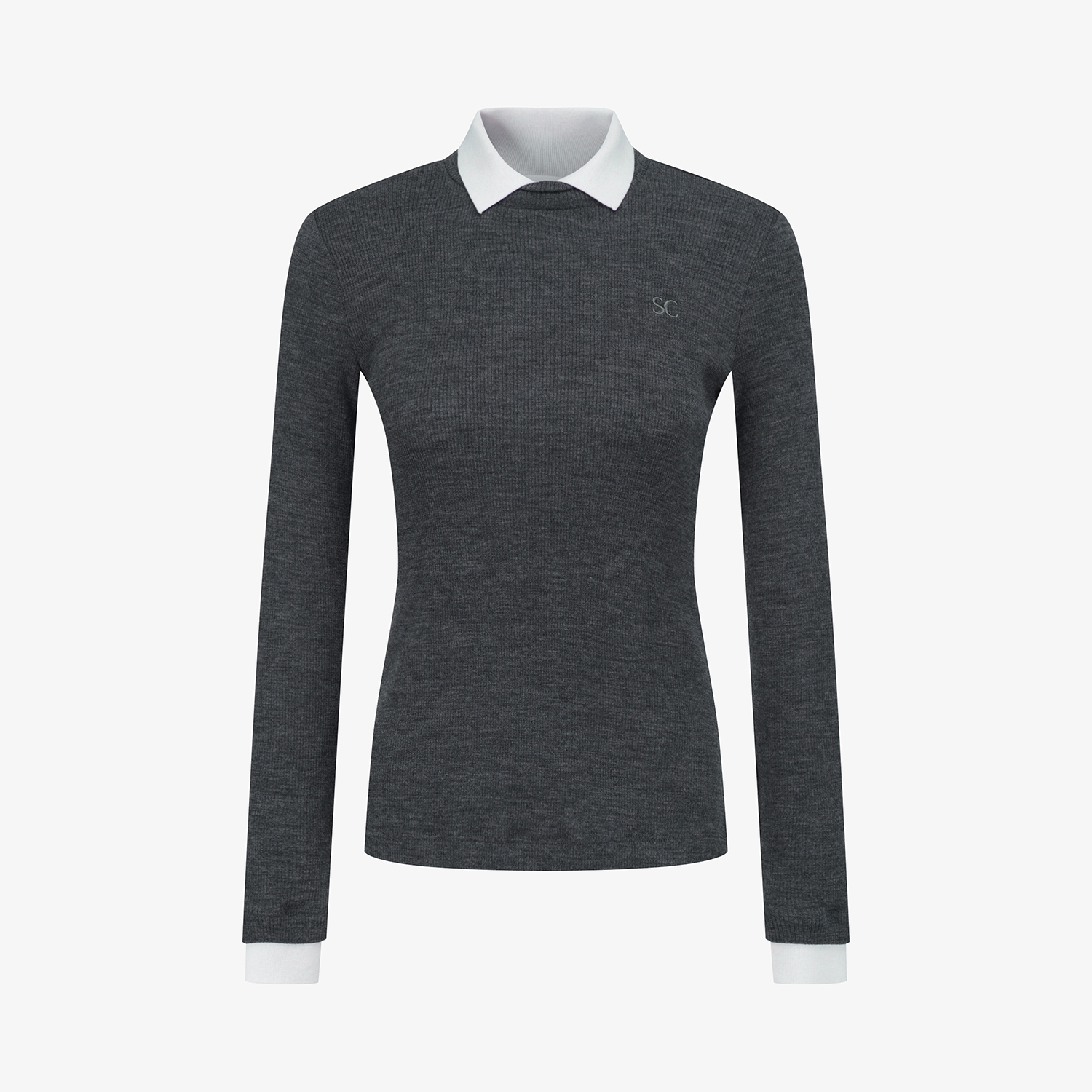 사우스케이프 여성 울 배색 카라 티셔츠_다크 그레이