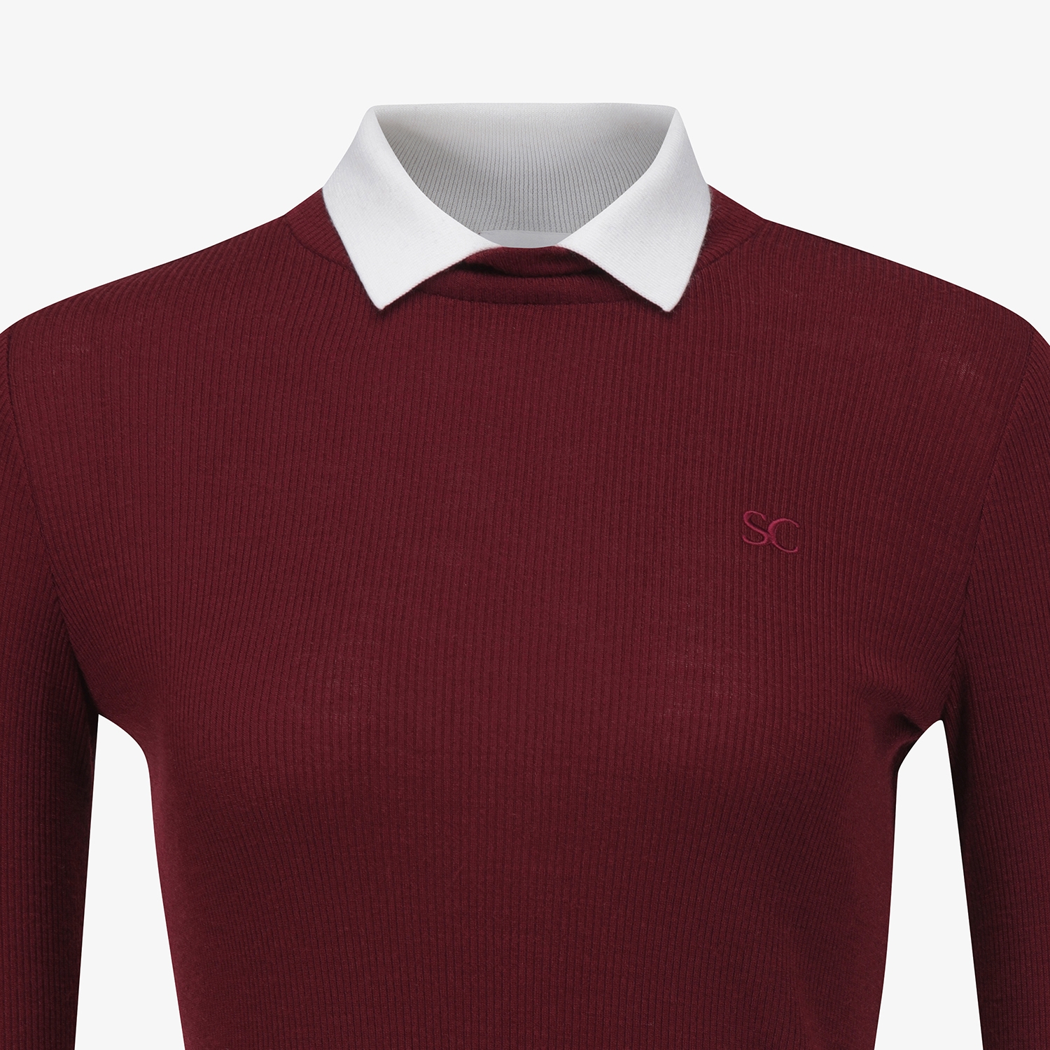 사우스케이프 여성 울 배색 카라 티셔츠_와인