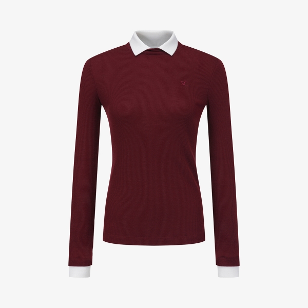 사우스케이프 여성 울 배색 카라 티셔츠_와인