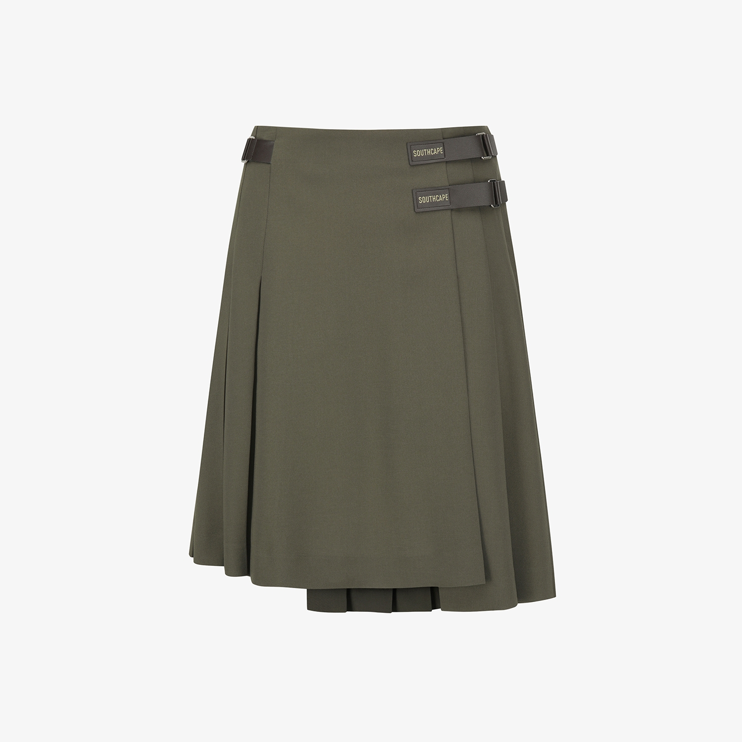 사우스케이프 여성 더블 벨트 플리츠 미디 스커트_카키