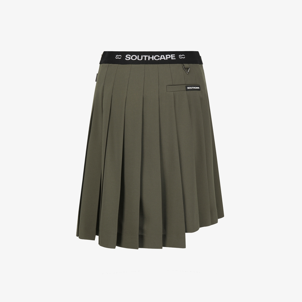 사우스케이프 여성 더블 벨트 플리츠 미디 스커트_카키
