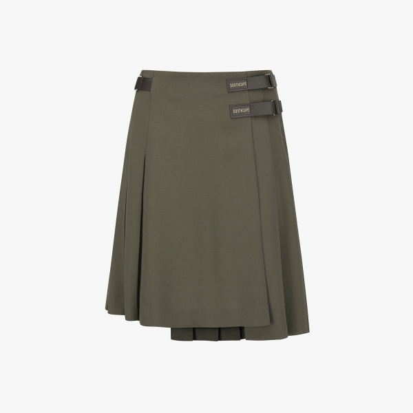 사우스케이프 여성 더블 벨트 플리츠 미디 스커트_카키