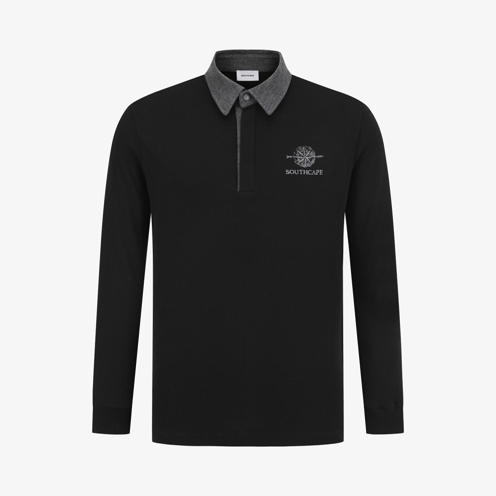 남성 사우스크로스 골지 배색 카라 긴팔 티셔츠_블랙