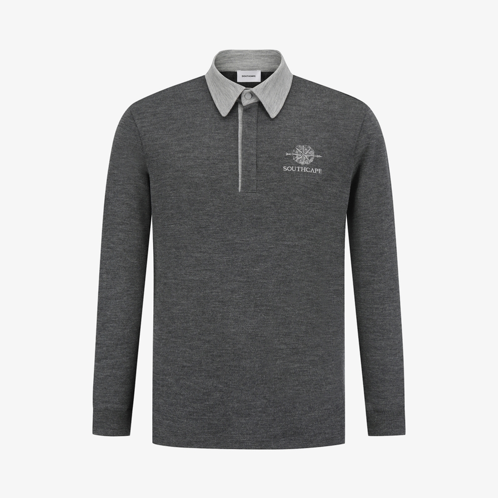 남성 사우스크로스 골지 배색 카라 긴팔 티셔츠_다크 그레이