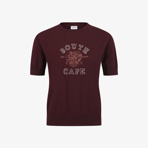 여성 사우스크로스 라운드넥 반팔 니트_와인