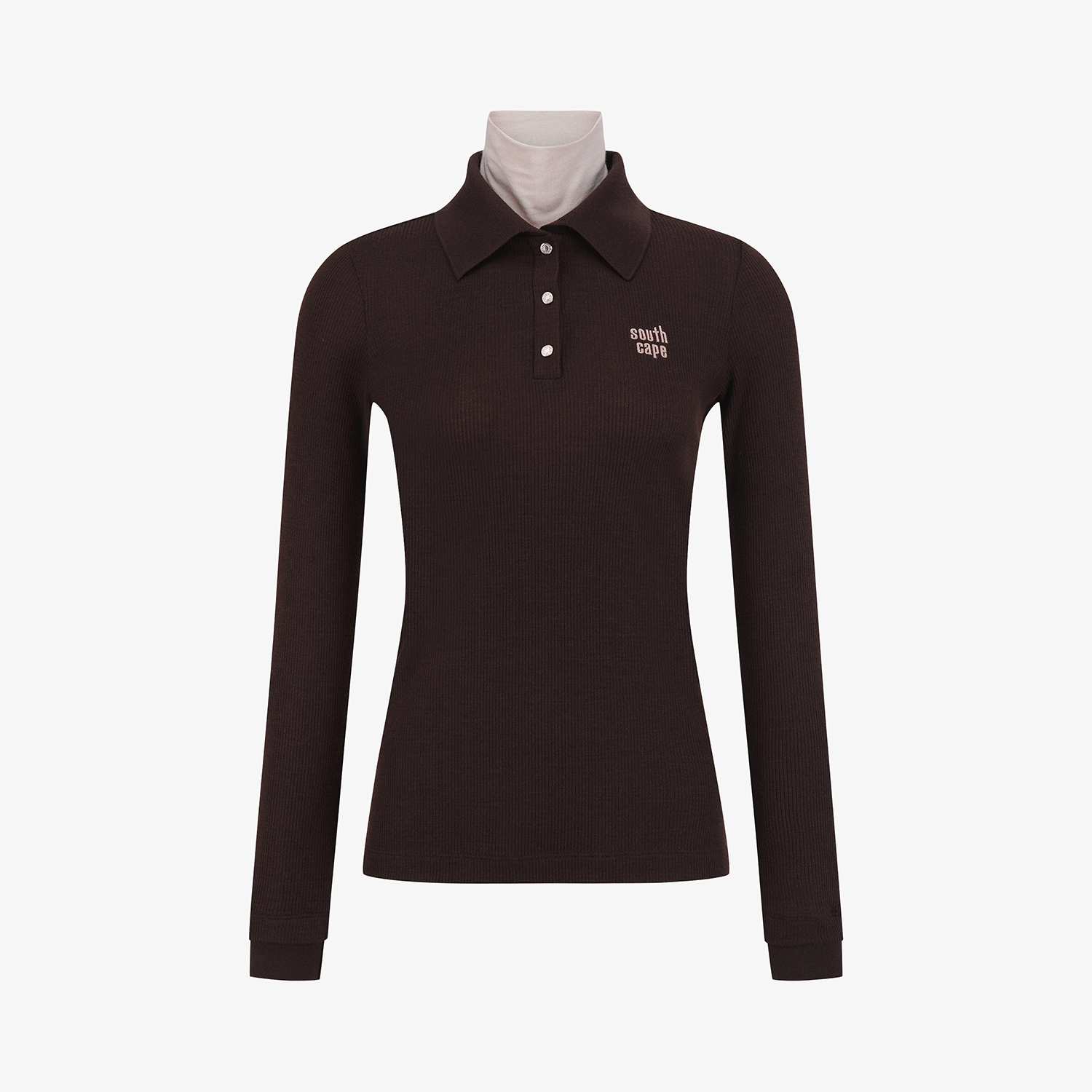 사우스케이프 여성 레이어드 울 카라 골지 티셔츠_브라운