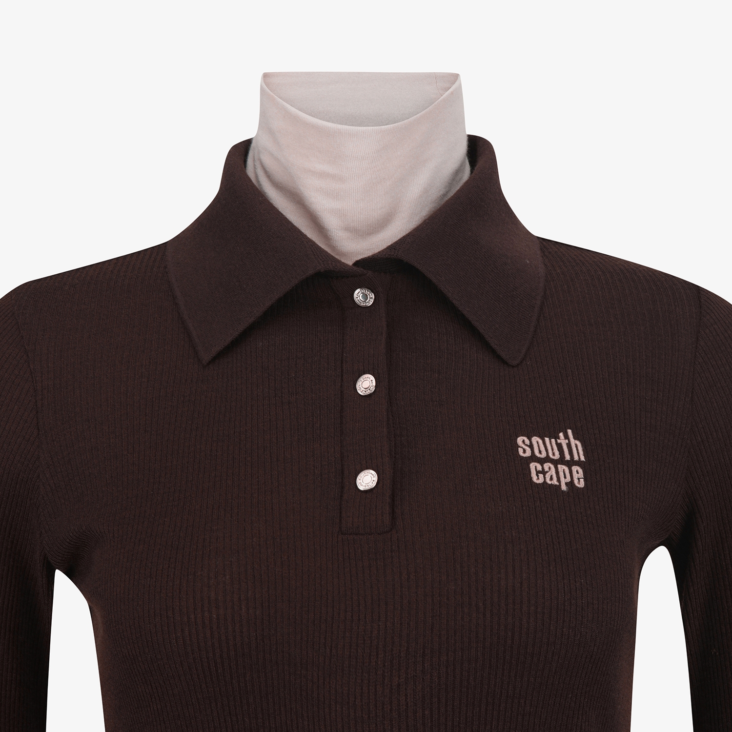 사우스케이프 여성 레이어드 울 카라 골지 티셔츠_브라운