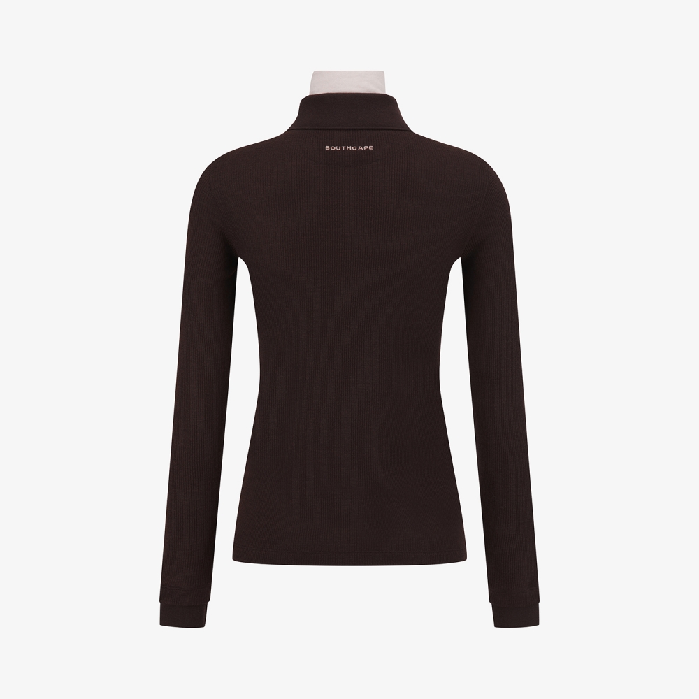 사우스케이프 여성 레이어드 울 카라 골지 티셔츠_브라운